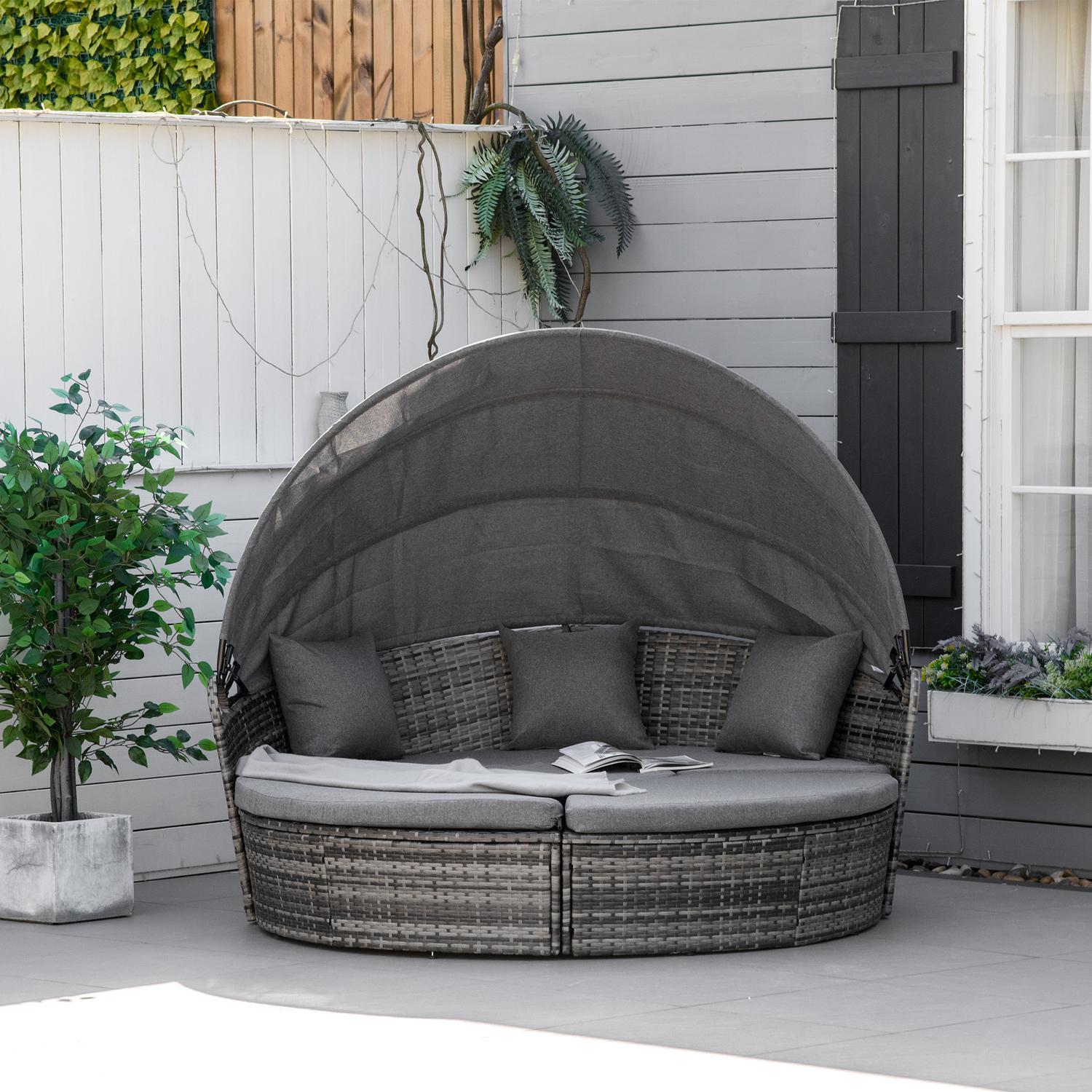 Sun Island Rattan Lounge Gruppe Med Soltag Siddegruppe Med Hynder Og Sidebord Højde Justerbar Metal Grå 175X180X147Cm