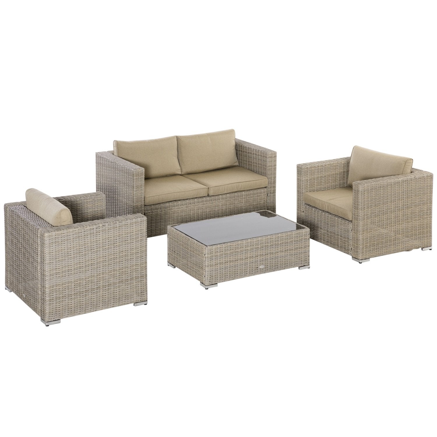 Polyrattan Trädgårdsmöbler Set 4 Personer Loungemöbler Soffbord Sittdyna Khaki + Beige