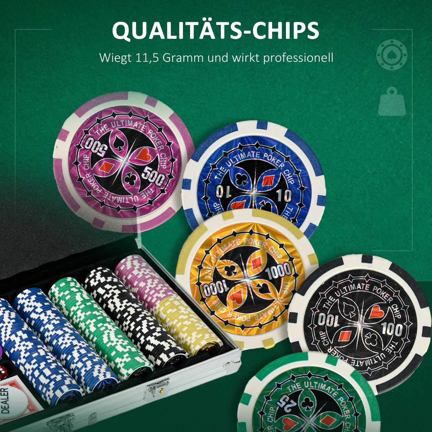 Pokerbokssæt 500 chips 11,5G professionelt pokersæt Lås 2 kortspil 5 terninger Dealer blindknapper Sølv