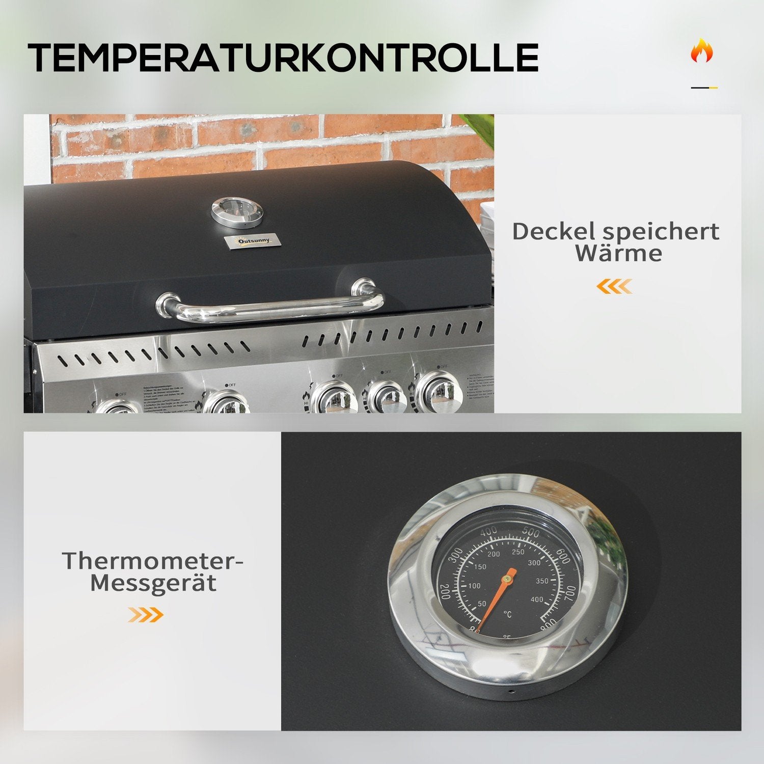 Gasgrill 2,5 Kw grillvogn med 4+1 brændere, termometer, grillgrill med hjul, sidehylde, krog, hylde, campinggrill sort