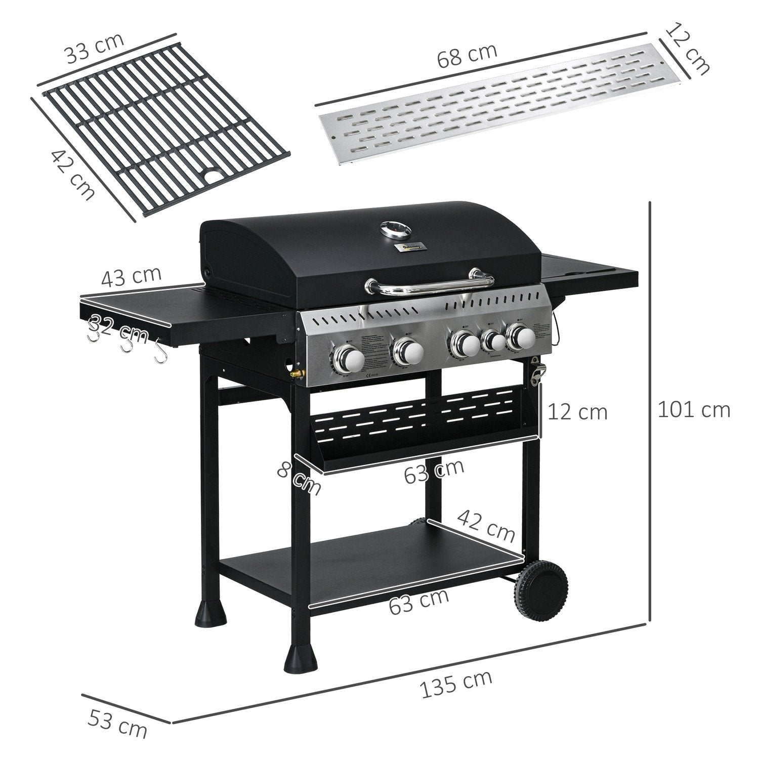 Gasgrill 2,5 Kw grillvogn med 4+1 brændere, termometer, grillgrill med hjul, sidehylde, krog, hylde, campinggrill sort