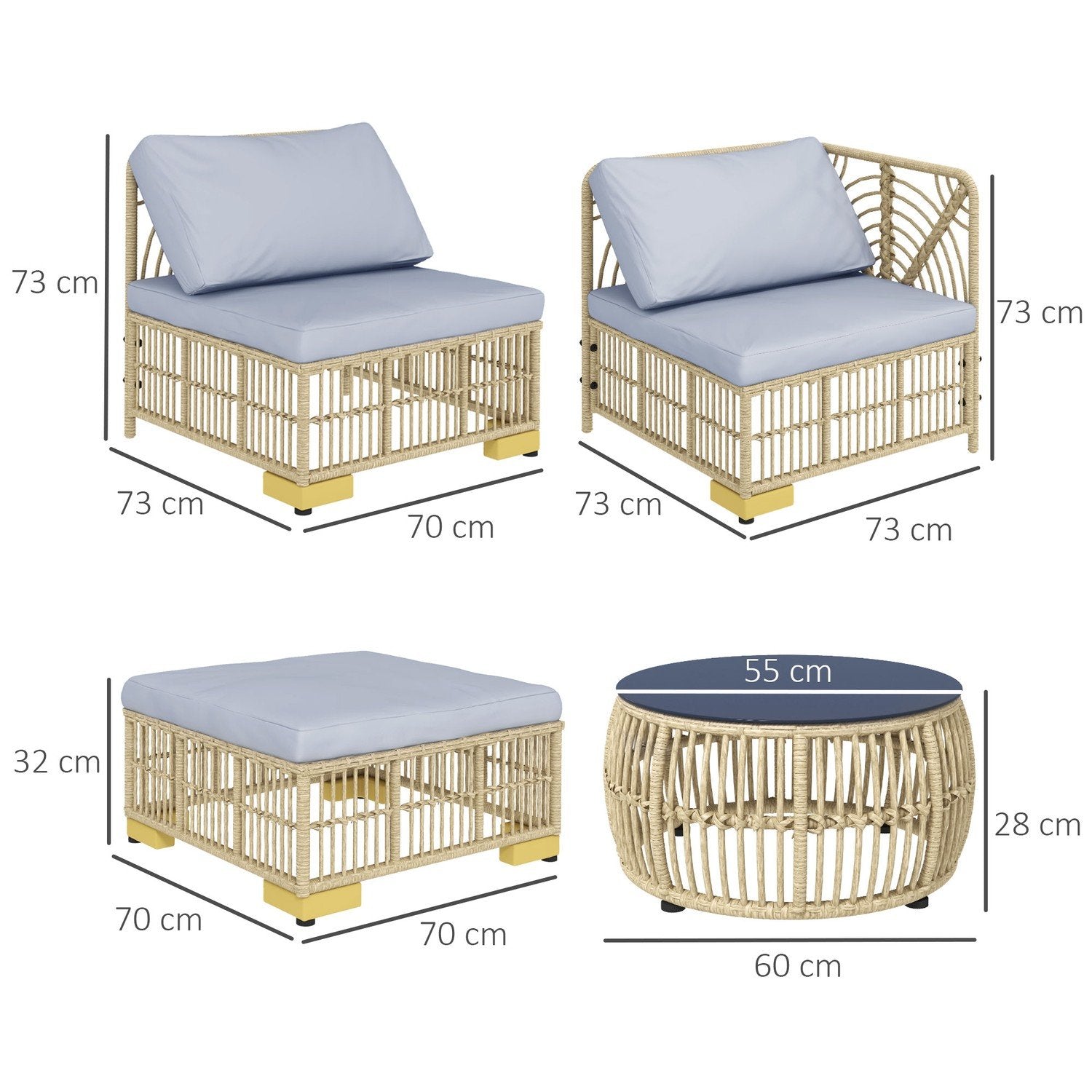 Havemøbler I Rattan, 5 stk. Altanmøbelsæt med hynder, hjørnesofa, skammel, udendørsmøbelsæt, stål, lysegrå