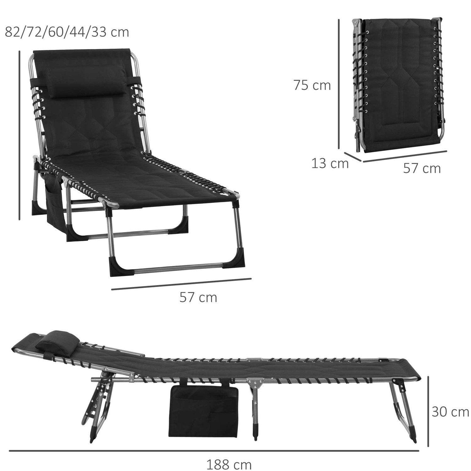 Solstol Hopfällbar Trädgårdssäng Vikbar Solstol Med Kudde Trädgård 5 Nivå Ryggstöd Justerbart Stål Oxford Tyg Svart 188 X 57 X 30 Cm