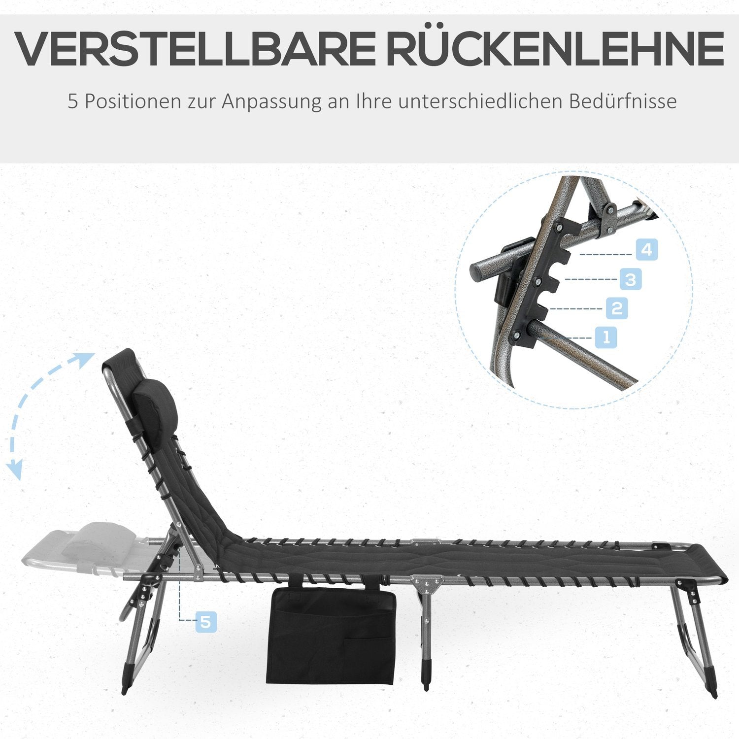 Solstol Hopfällbar Trädgårdssäng Vikbar Solstol Med Kudde Trädgård 5 Nivå Ryggstöd Justerbart Stål Oxford Tyg Svart 188 X 57 X 30 Cm