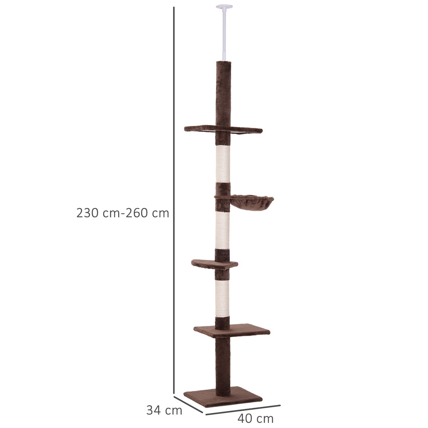 Loftskrabestolpe Høj brunt højdejusterbart kattetræ med sisal-søjler, til klatring og klatring, 40X34X230-260 cm