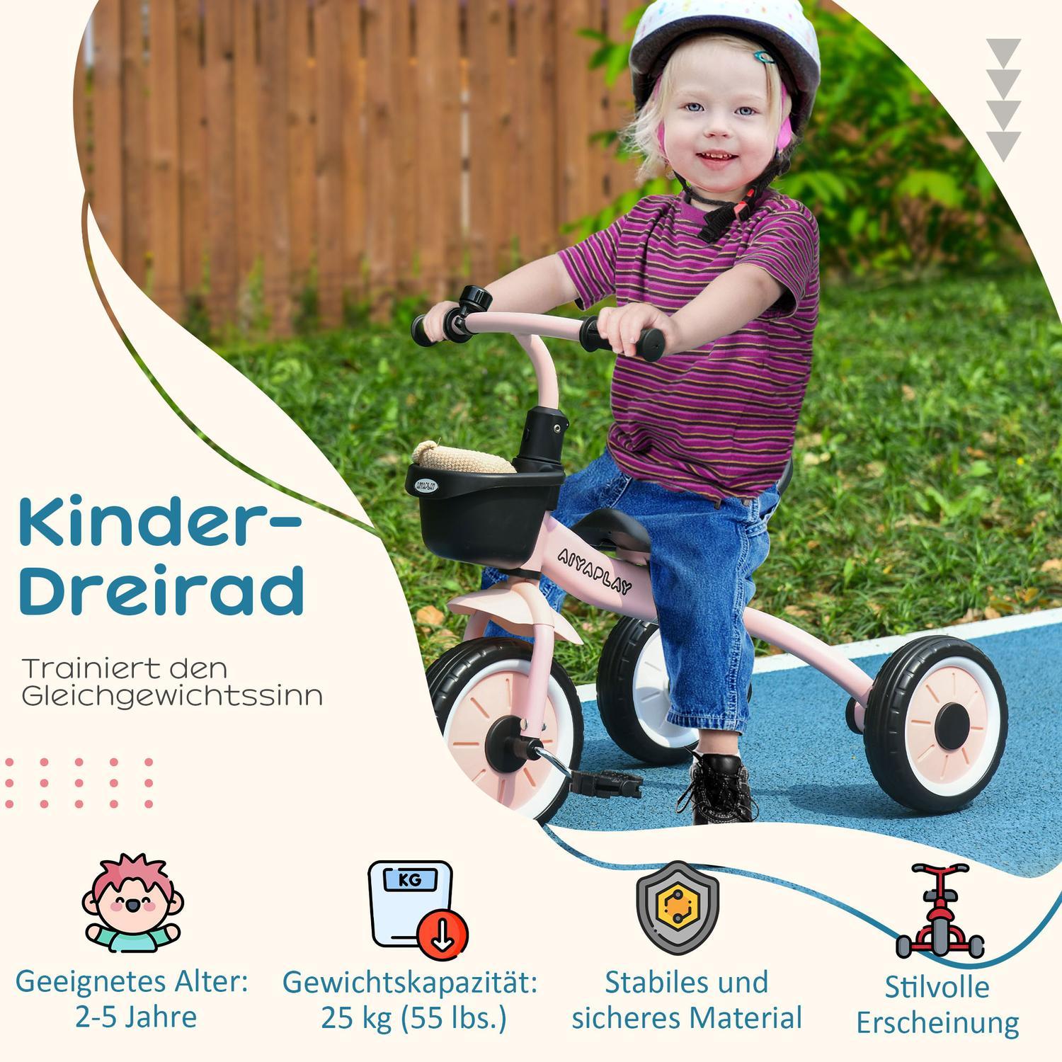 Trehjulet cykel, børnecykel med justerbart sæde, balancecykel med cykelkurv, klokke, børnecykel med pedaler, til børn 2-5 år, metal, lyserød