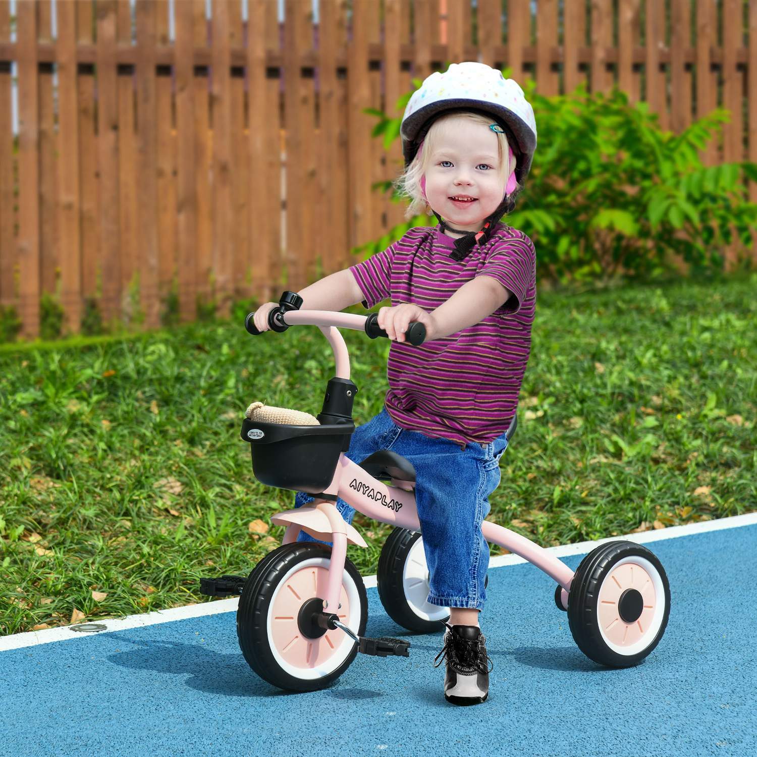 Trehjulet cykel, børnecykel med justerbart sæde, balancecykel med cykelkurv, klokke, børnecykel med pedaler, til børn 2-5 år, metal, lyserød