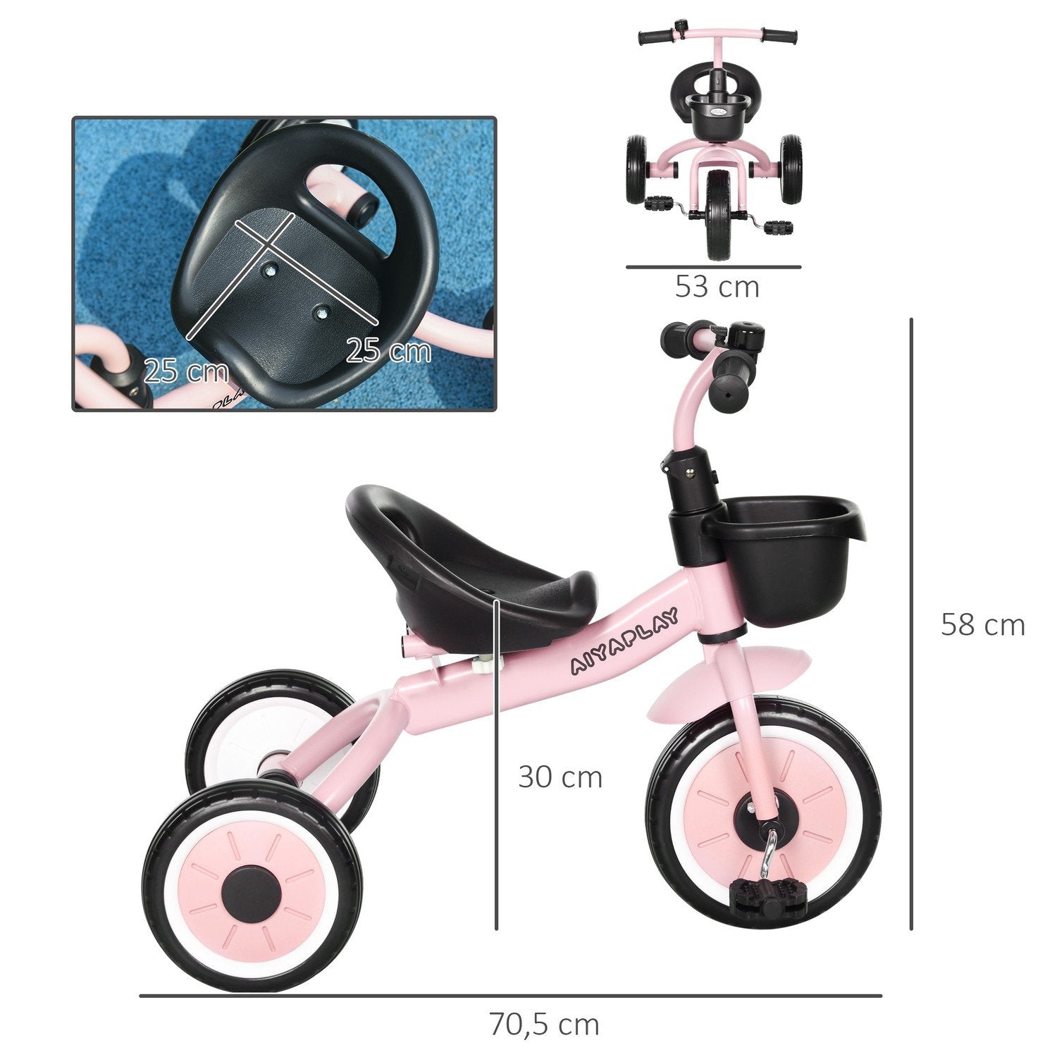 Trehjulet cykel, børnecykel med justerbart sæde, balancecykel med cykelkurv, klokke, børnecykel med pedaler, til børn 2-5 år, metal, lyserød