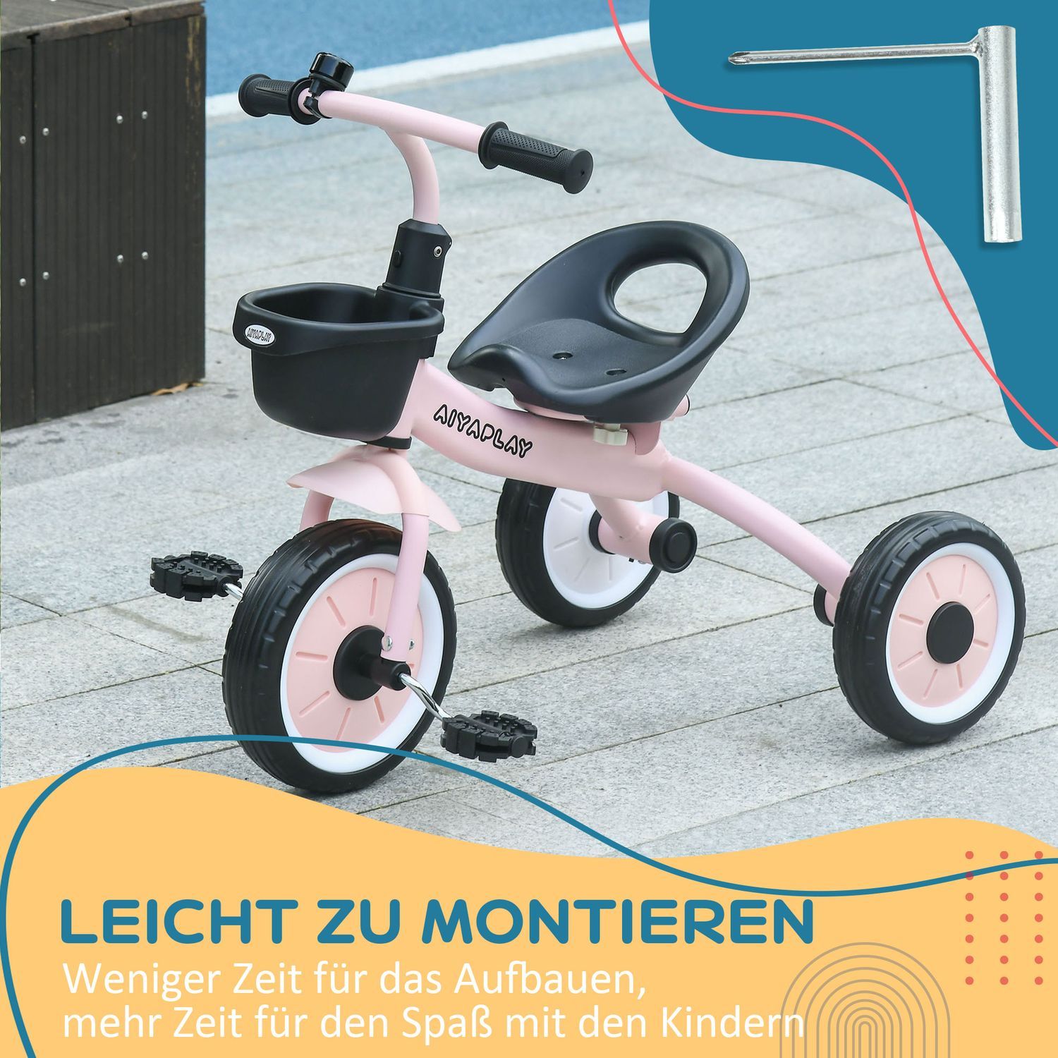 Trehjulet cykel, børnecykel med justerbart sæde, balancecykel med cykelkurv, klokke, børnecykel med pedaler, til børn 2-5 år, metal, lyserød