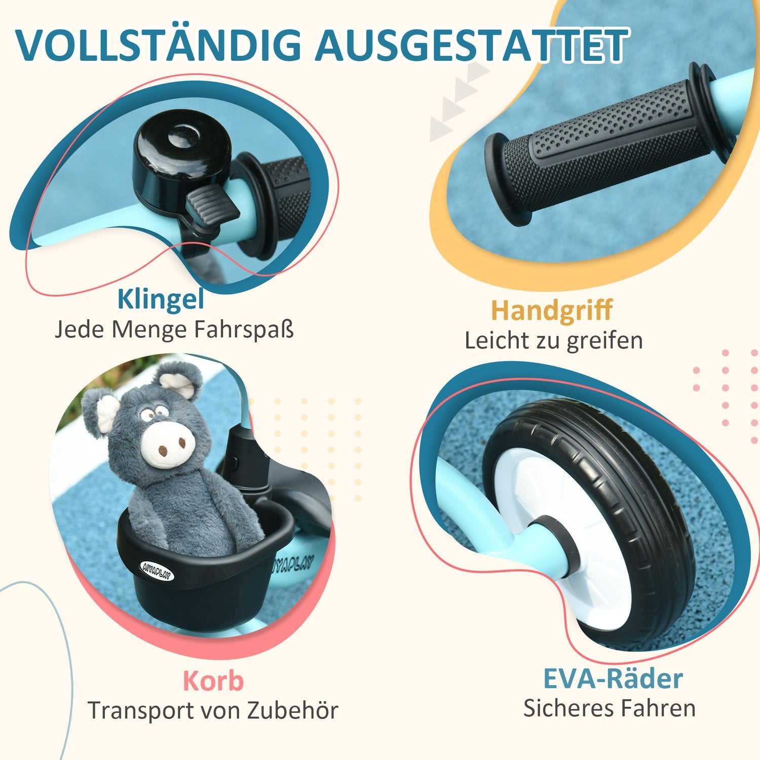 Trehjulet børnecykel med justerbart sæde, balancecykel med kurv og ur, pedaler, i 2-5 år