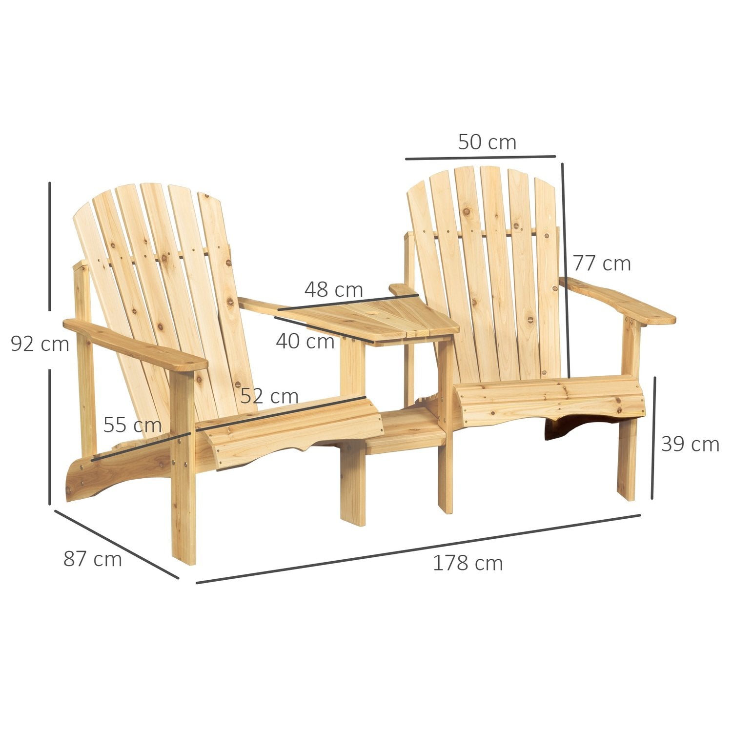 Adirondack Havestol Med Bord Og Paraplyhul 2-Pers Havestol Siddeområde Havemøbler Til Balkon Massivt Træ Natur 178 X 87 X 92 Cm