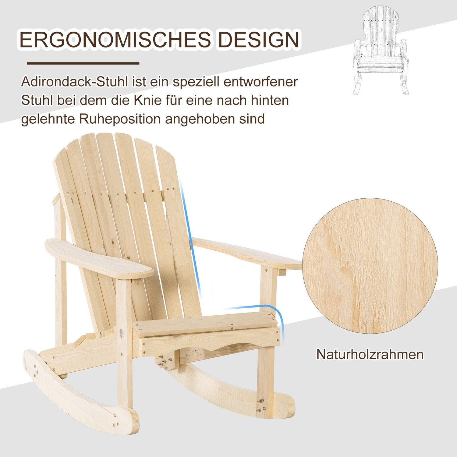 Adirondack gyngestol Havestol lavet af fyrretræ Terrassestol Havestol Gyngestol Havemøbler Balkonstol Naturlig 74 X 97 X 92 Cm