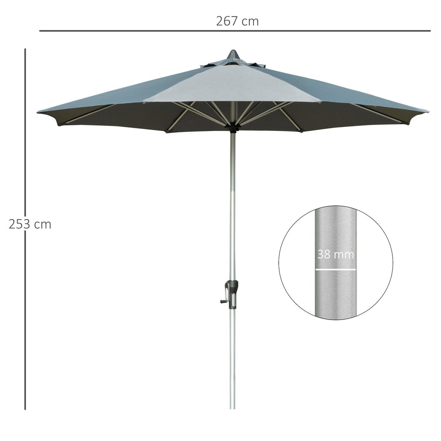 Parasol 2,7 M Balkon Market Paraply 8 Ribber Solskærm Aluminium Polyester Mørkegrå