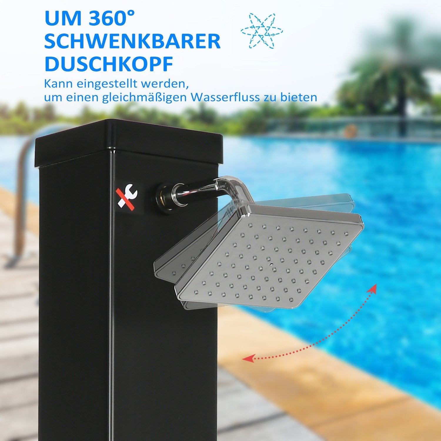 Soldusch 40L, Utomhusdusch, Pooldusch Med Fotdusch Och Regndusch, Vattentemperatur Upp Till 60°C, Inklusive Monteringsmaterial, Svart