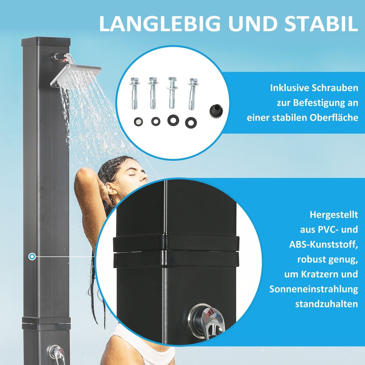 Soldusch 40L, Utomhusdusch, Pooldusch Med Fotdusch Och Regndusch, Vattentemperatur Upp Till 60°C, Inklusive Monteringsmaterial, Svart