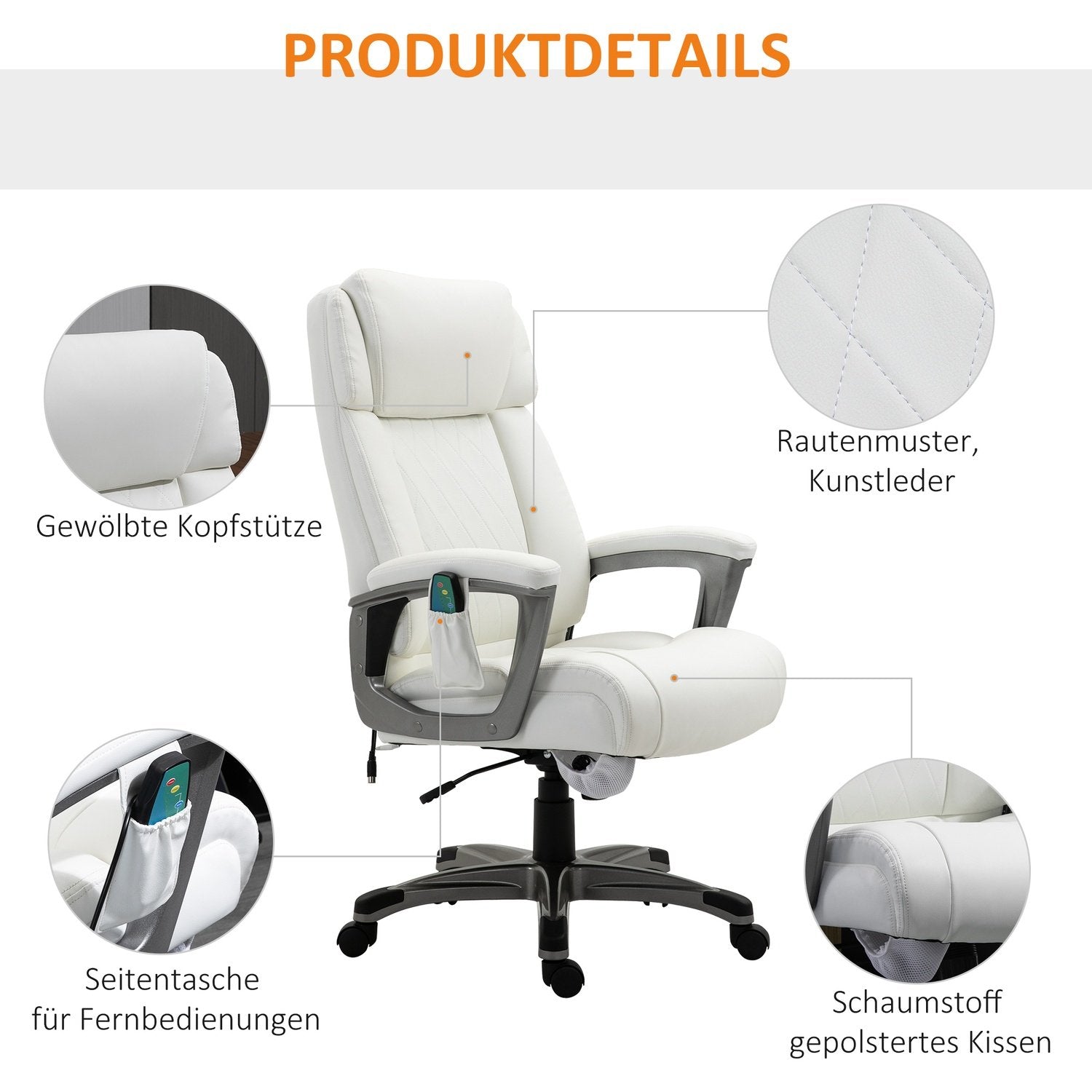 Kontorstol med 6 massagepunkter Ergonomisk drejestol med buet nakkestøtte og armlæn Justerbar imiteret læder Hvid 70X76.5X114-124 Cm