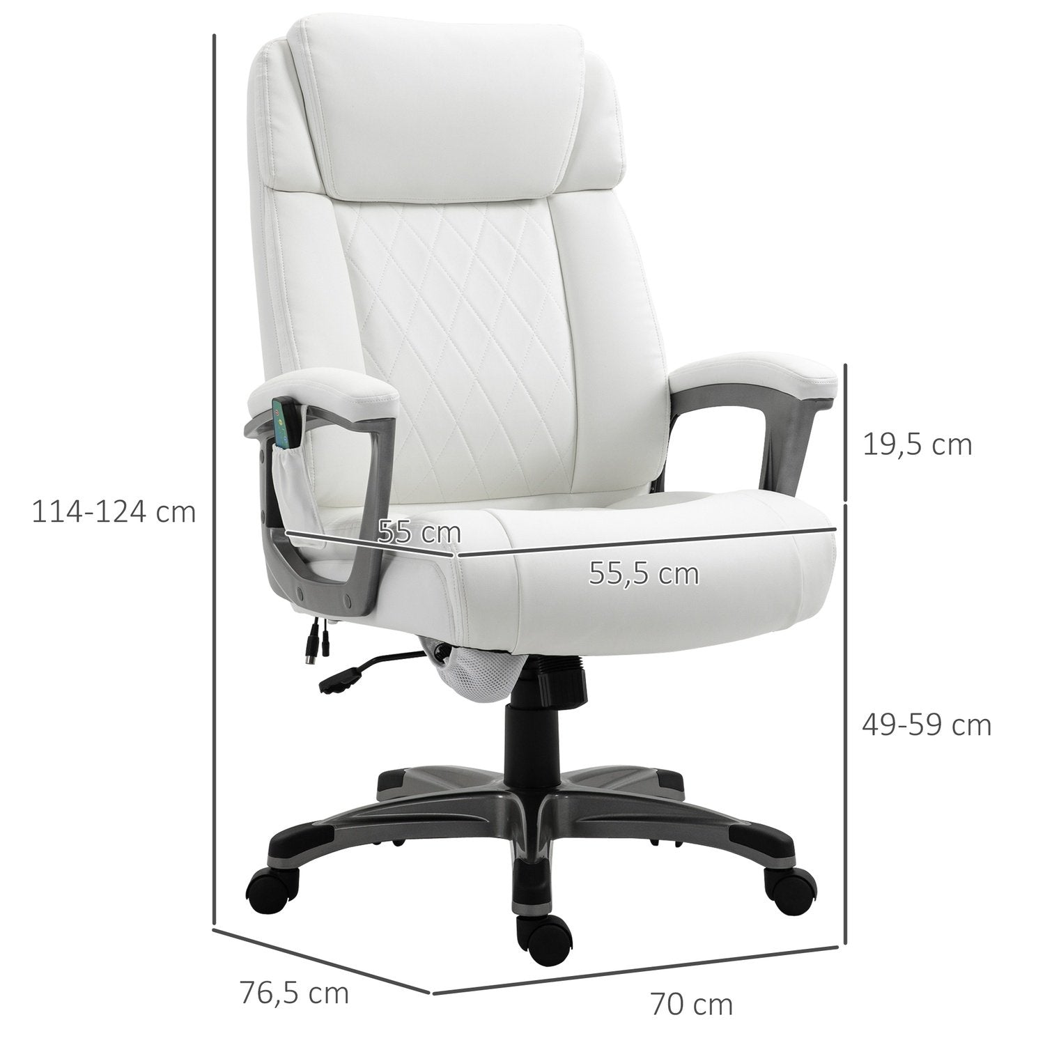 Kontorstol med 6 massagepunkter Ergonomisk drejestol med buet nakkestøtte og armlæn Justerbar imiteret læder Hvid 70X76.5X114-124 Cm