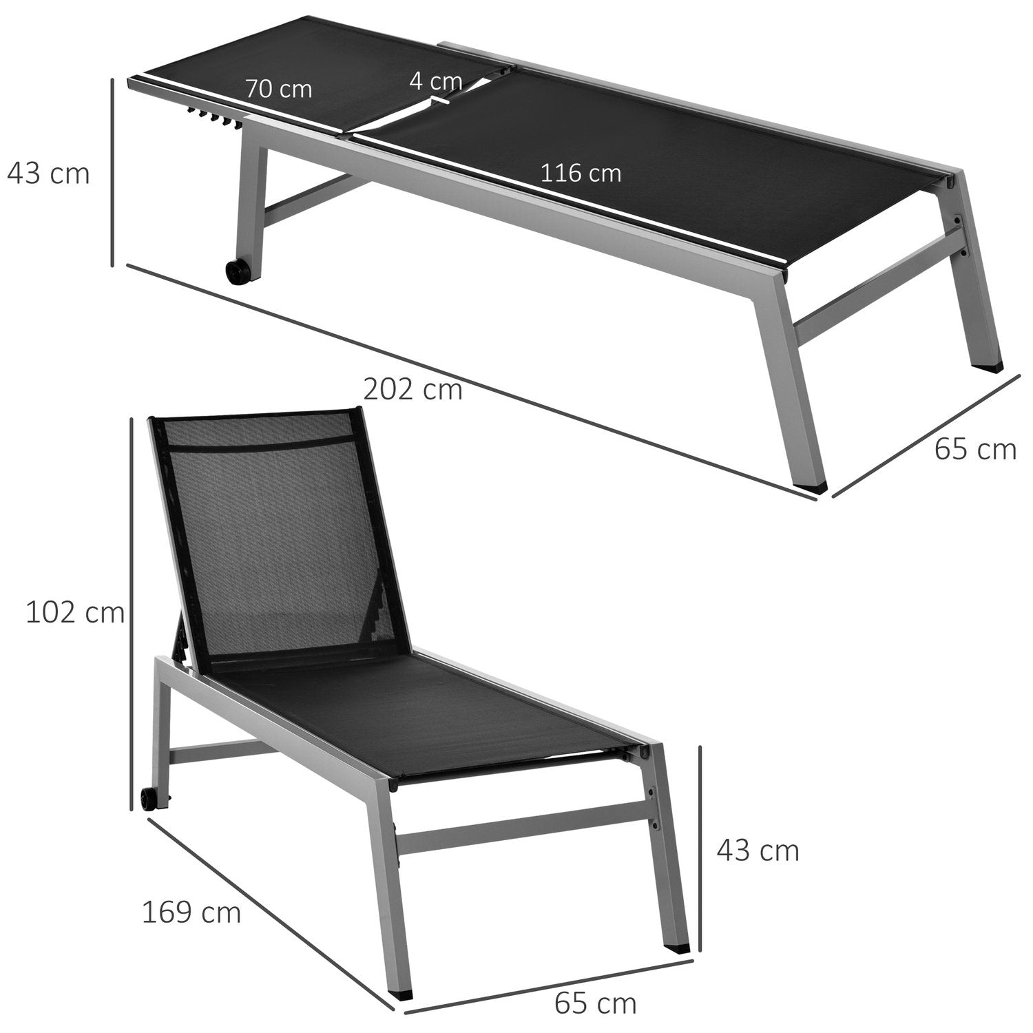 Afslapningsdækstol Liggestol 5-niveaus ryglæn Aluminium Sort 169X65X102Cm