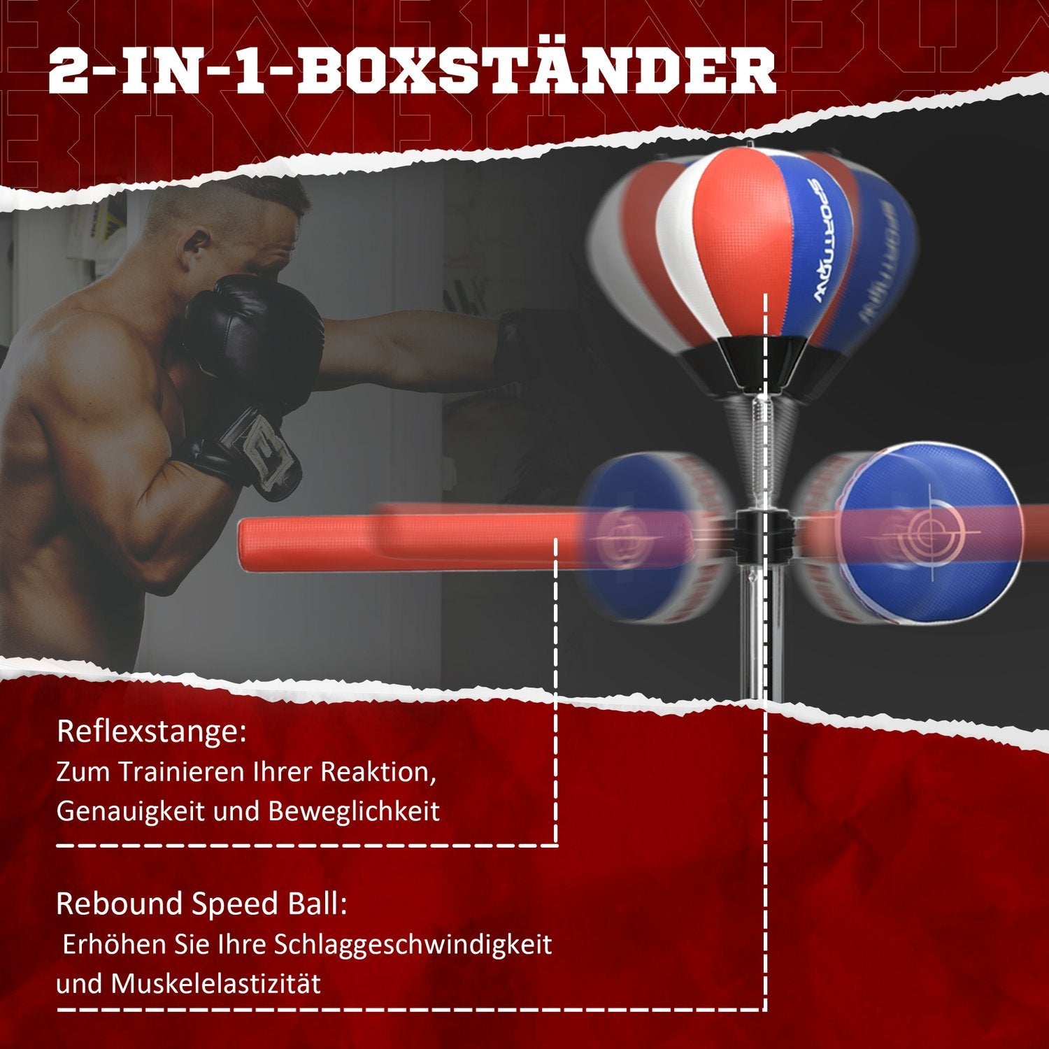 Boksesæk, boksestander med boksebold, refleksstang, 1,63-2,05M Højdejusterbar stående boksebold med klo, Hdpe, kunstlæder