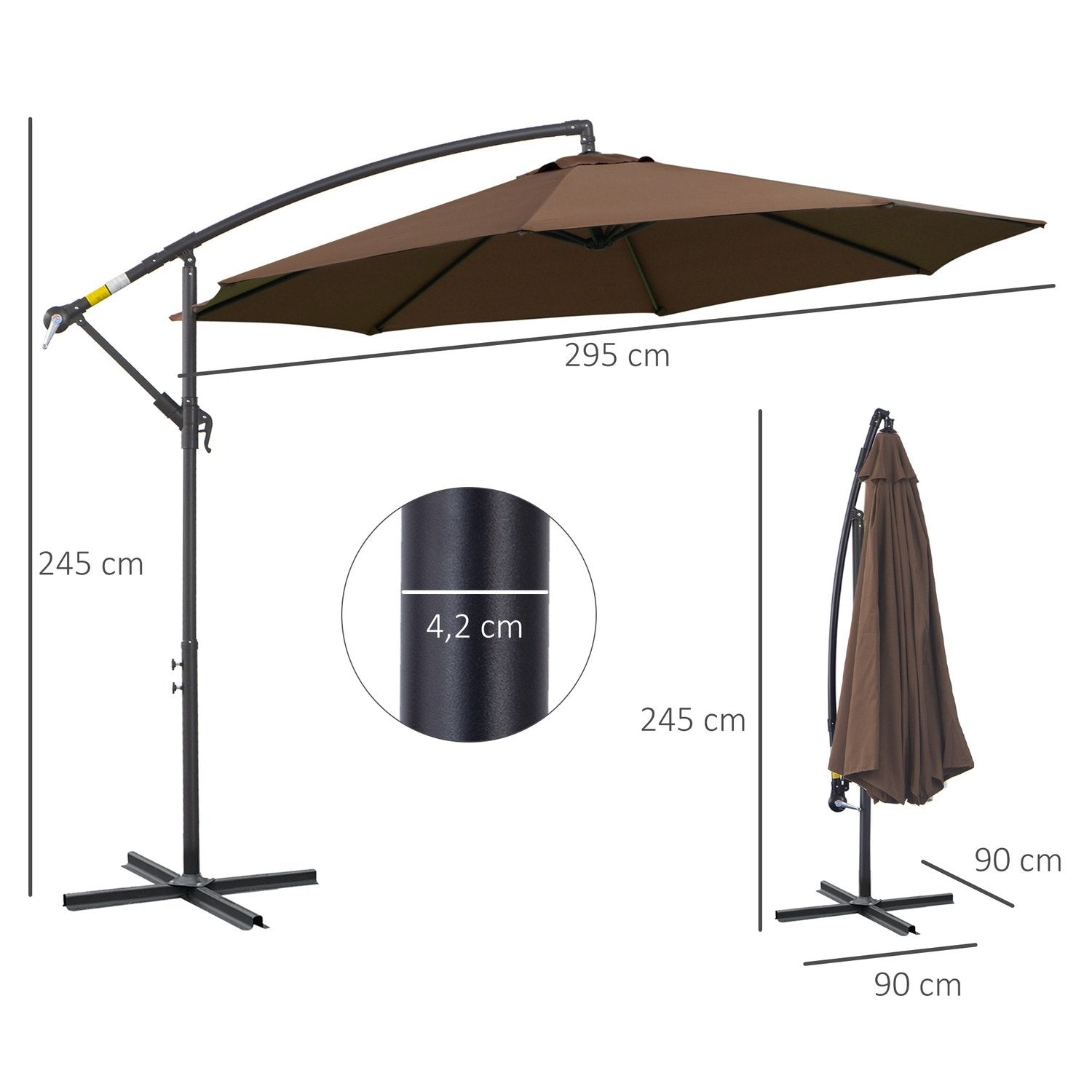 Parasol Cantilever Parasol med håndsving, stålramme &amp; polyesterstof, kaffe, Ø3X2,5M