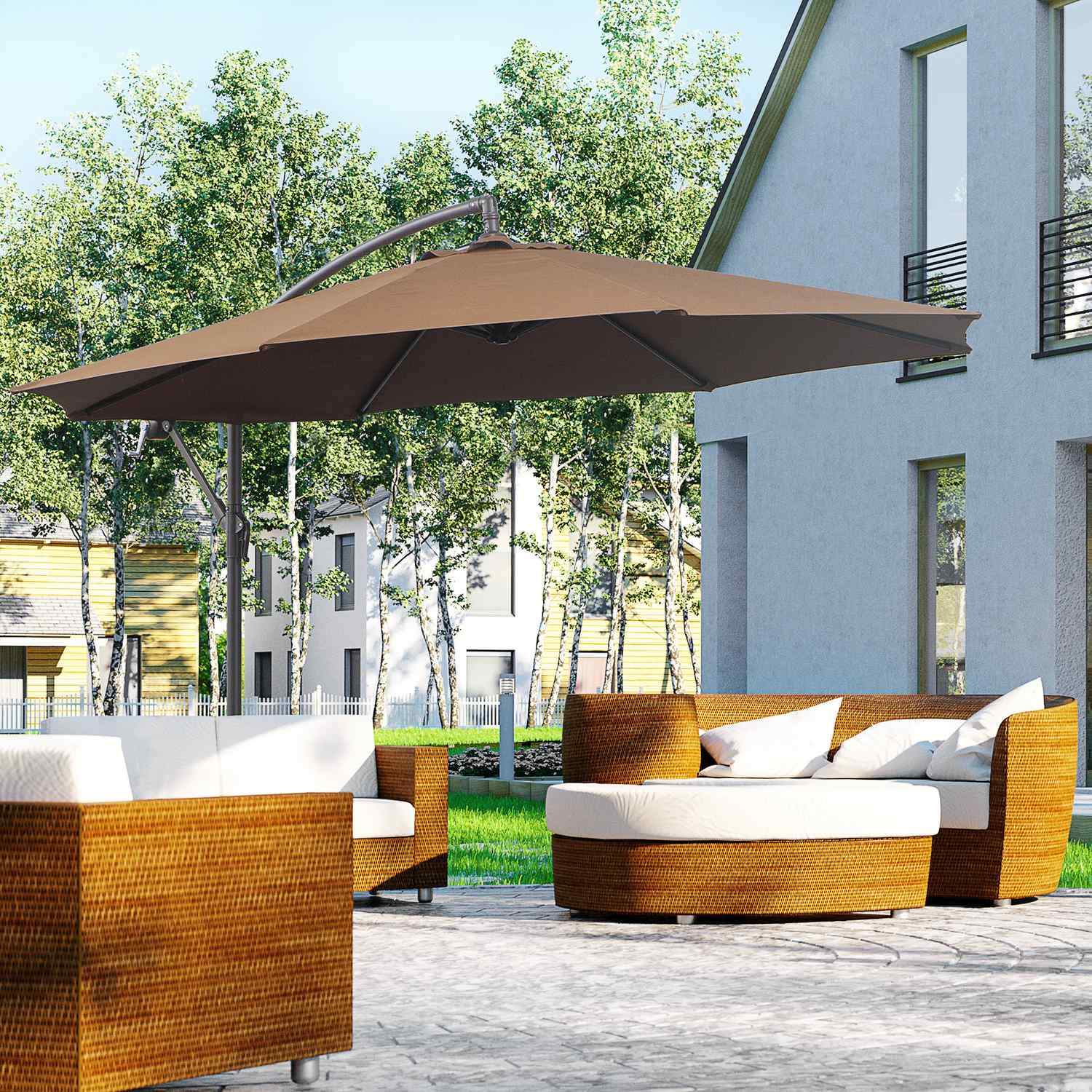 Parasol Cantilever Parasol med håndsving, stålramme &amp; polyesterstof, kaffe, Ø3X2,5M