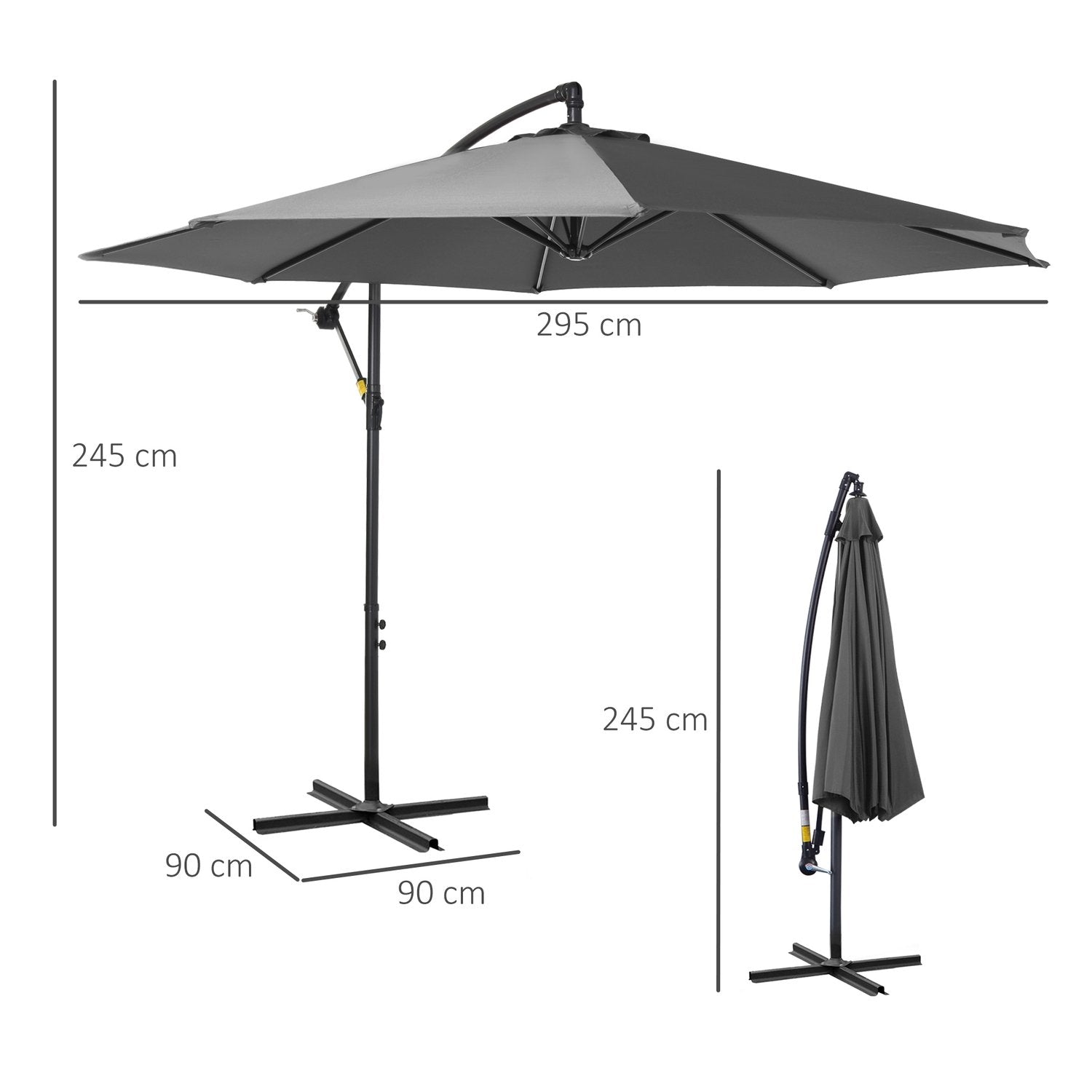 Parasol håndsving paraply med stålramme &amp; polyesterstof, grå, Ø2,95X2,45M