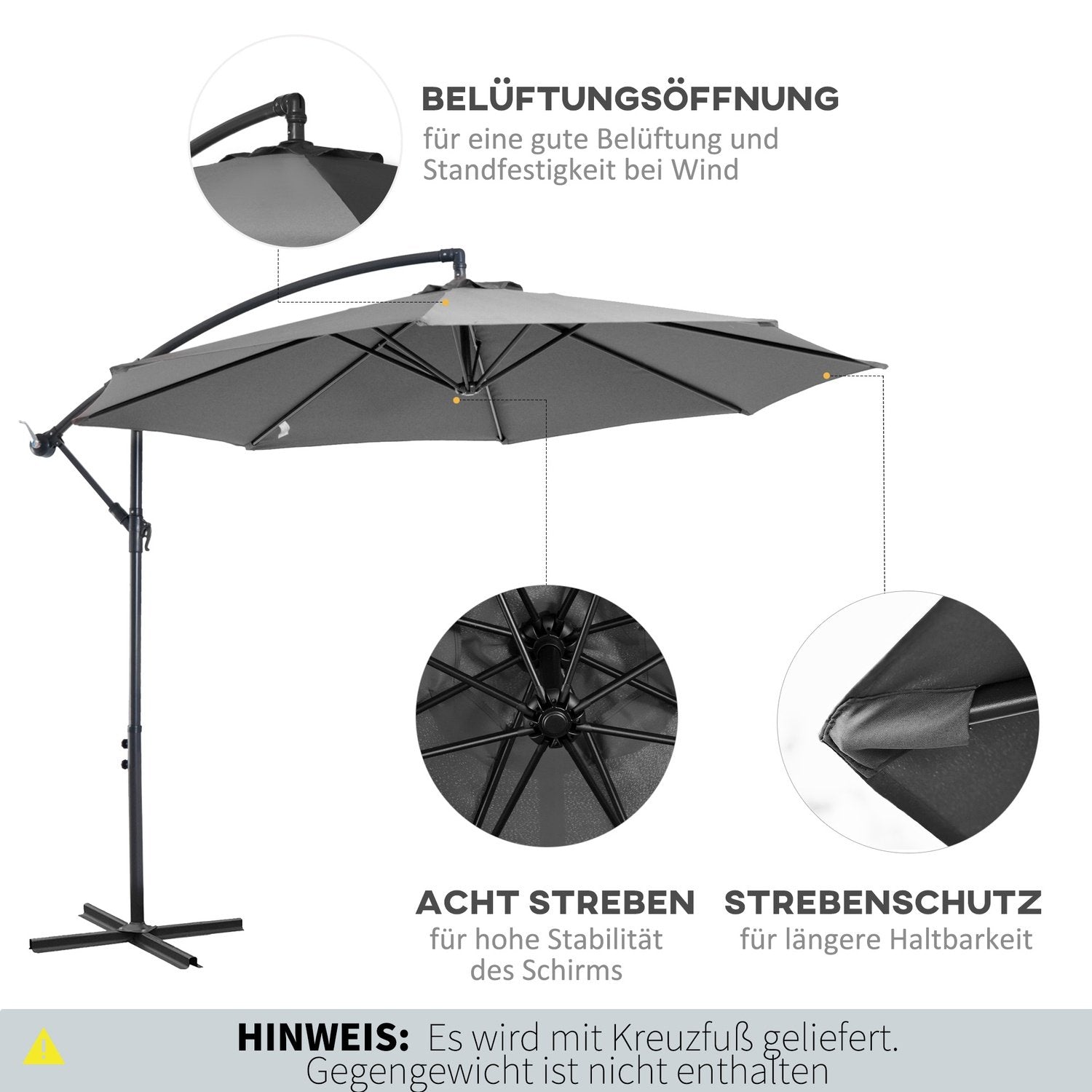 Parasol håndsving paraply med stålramme &amp; polyesterstof, grå, Ø2,95X2,45M