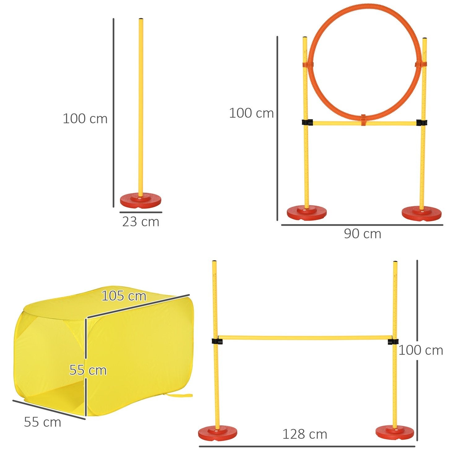 Dog Agility Häckset, Hundträningsset, Hinderbana, Plast, Polyester, Gul, 128 X 23 X 9-100 Cm