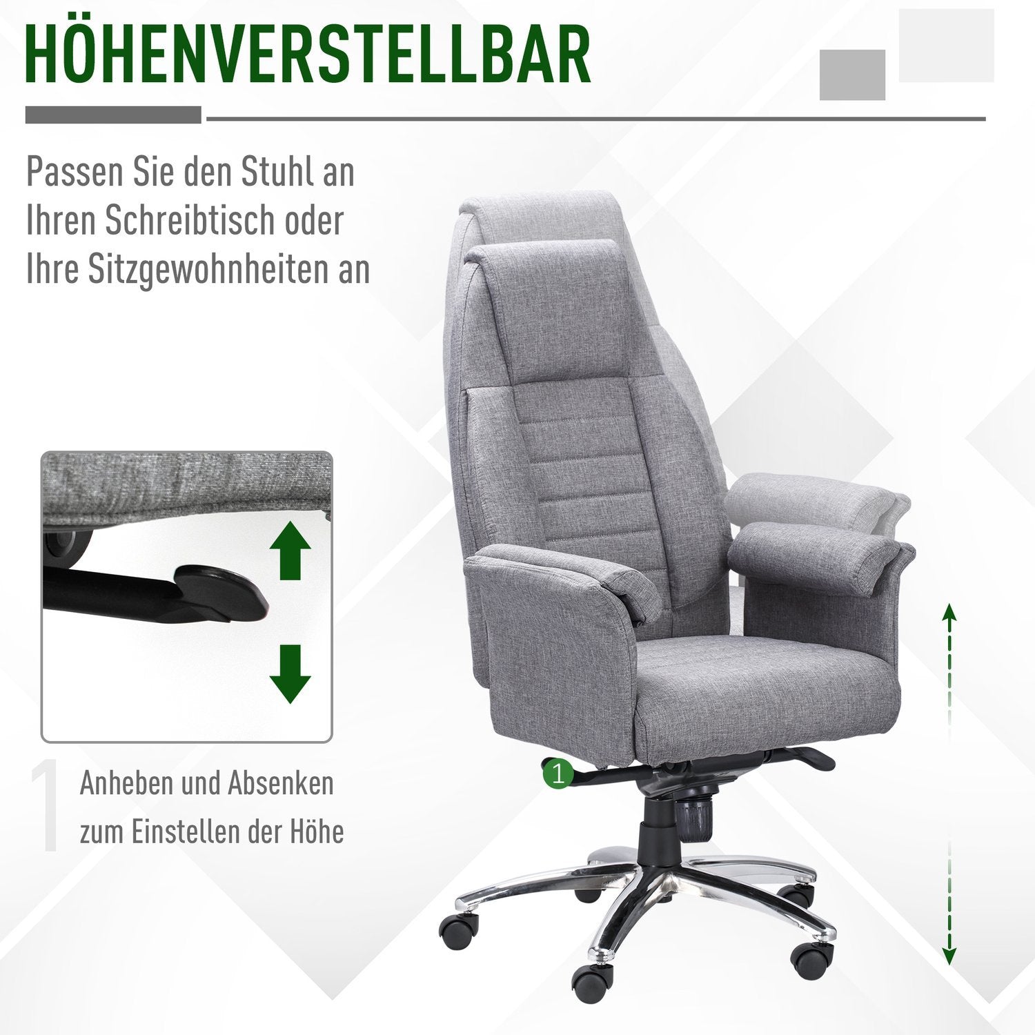 Kontorstol Drejestol ergonomisk, armlæn og højdejusterbar, imiteret linned, lysegrå, 68X72X120-126Cm