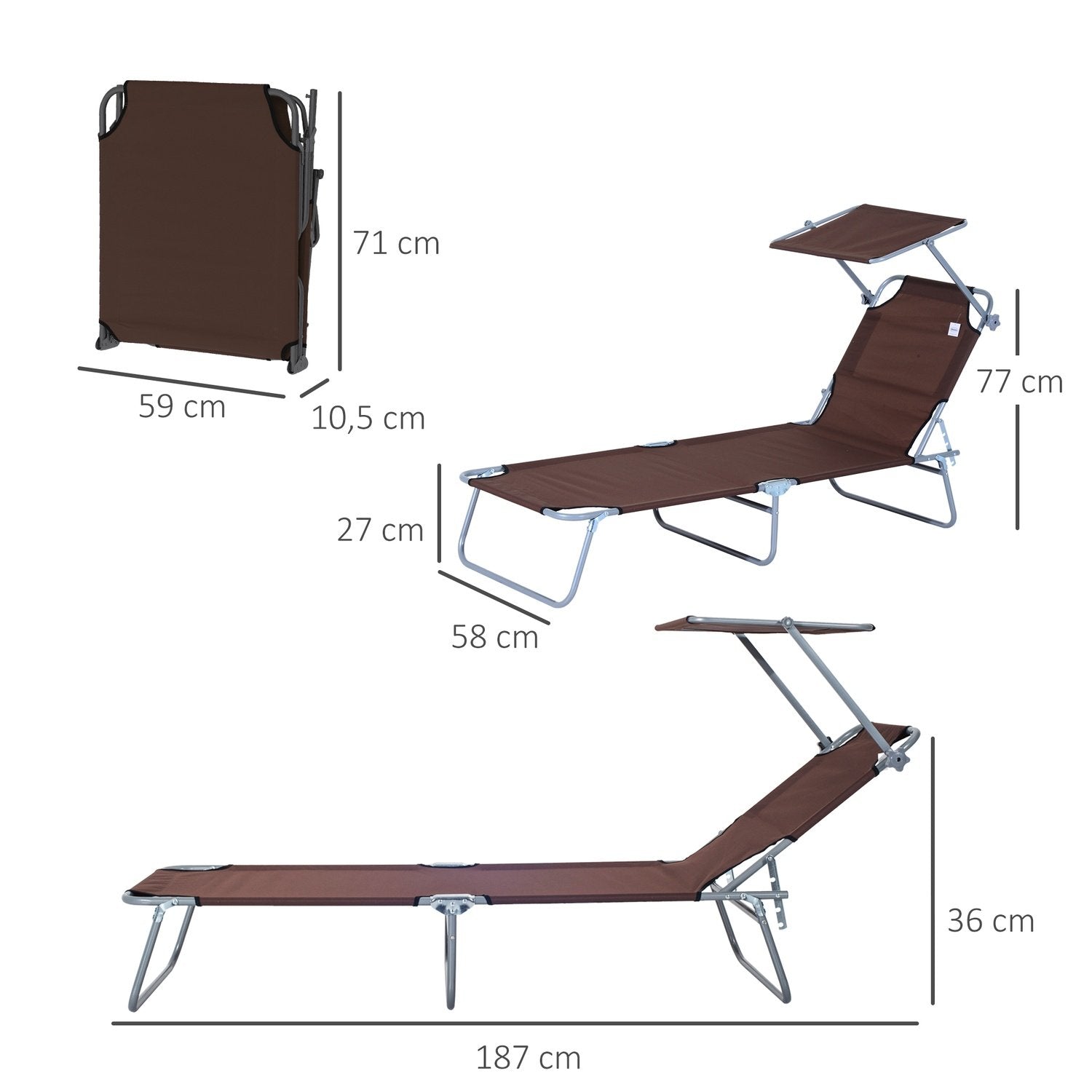 Solstol Hopfällbar Trädgårdsstol Med Solskydd, Brun, 187X58X36 Cm