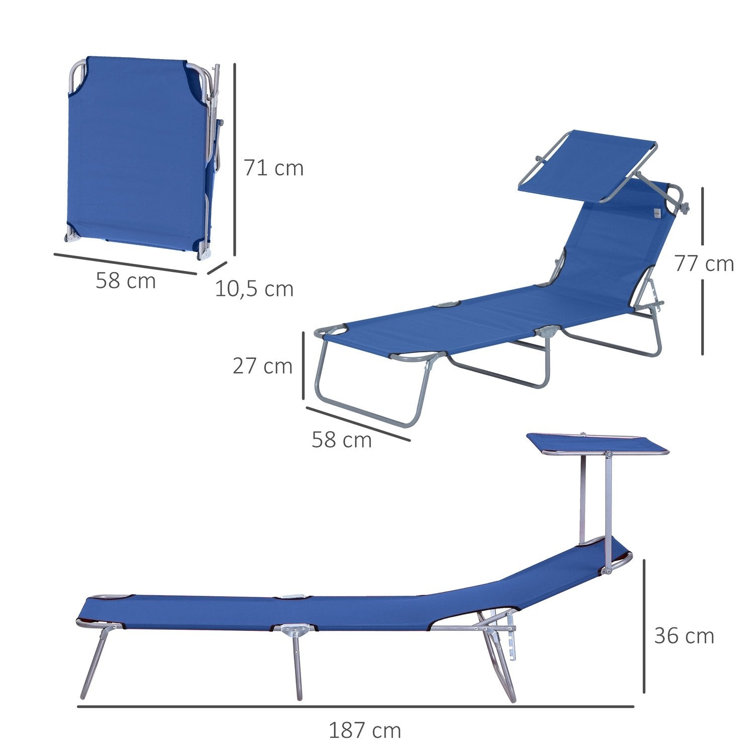 Solstol Med Tak, Hopfällbar Solstol, Trädgårdssäng Med 4-Vägs Justerbart Ryggstöd, Camping Solstol, Relaxstol För Balkong, Oxford