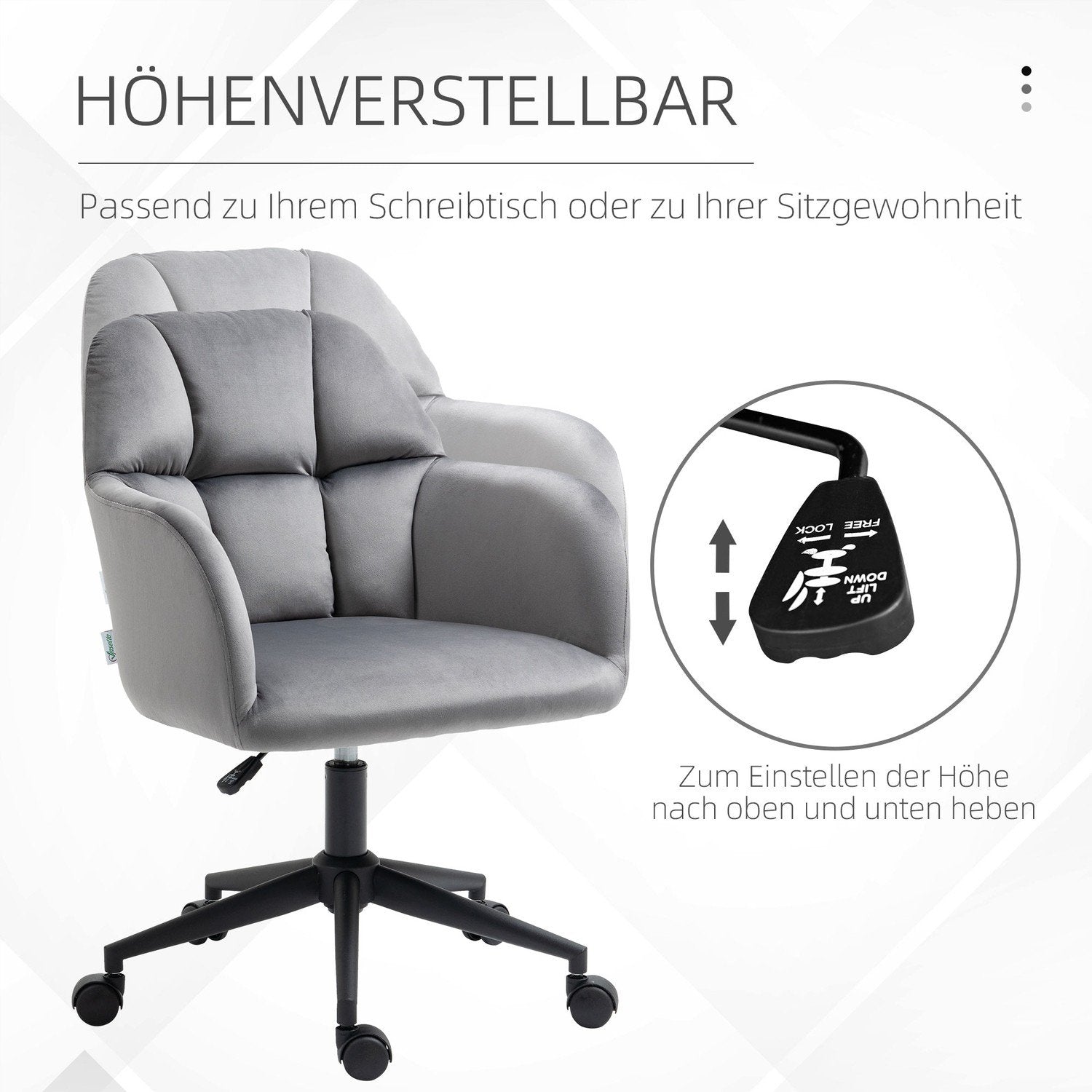 Kontorstol Skrivebordsstol med hjul, højdejusterbar, ergonomisk, fløjlslook, op til 120 kg, grå