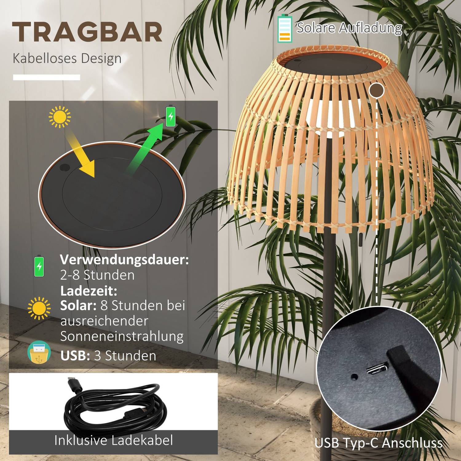 Solar Golvlampa Utomhusgolvlampa, Usb Uppladdningsbar Led Solar Lampa För Inomhus, Ip44 Vattentät Golvlampa, Dimbar Varmvit, Drakedjebrytare, Bambu, Natural Tone