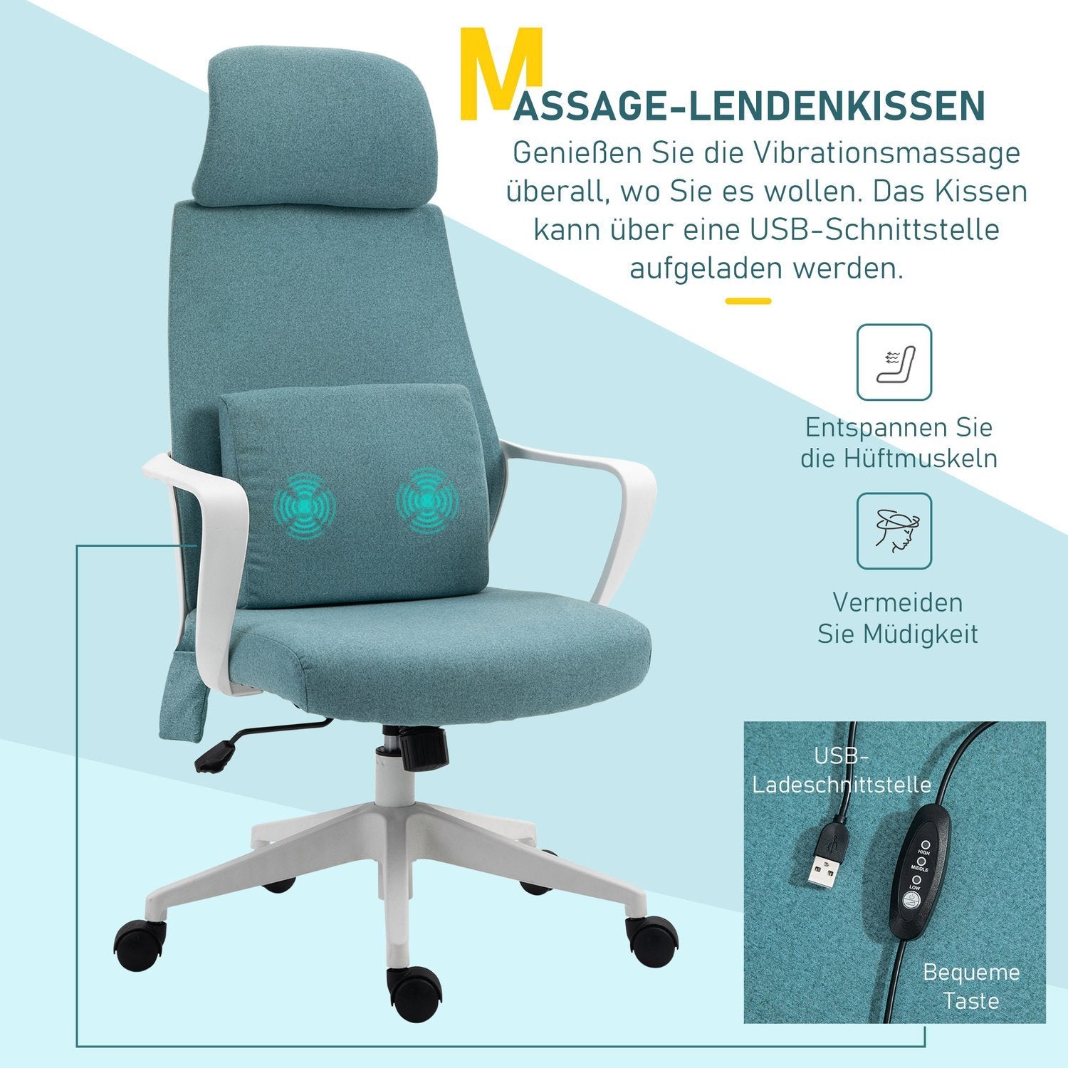 Ergonomisk Executive Chair Højdejusterbar, Massagefunktion, Gaming Chair, Nylon, Blå, 62X60X114-122Cm