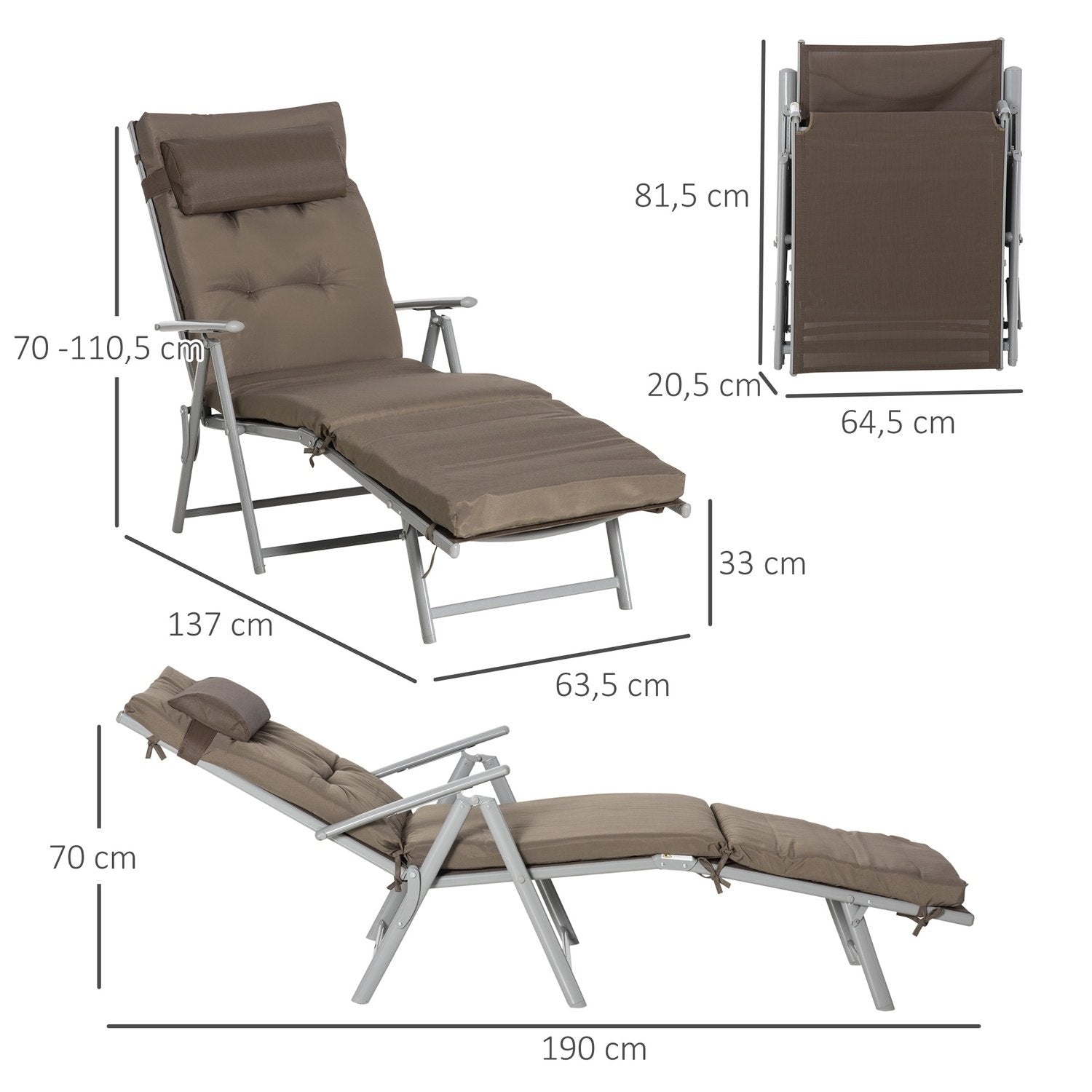 Liggestol Strandstol Haveseng Sammenklappelig Justerbar Med Pude Have Metal Stof Brun + Sølv 137 X 63,5 X 100,5 Cm