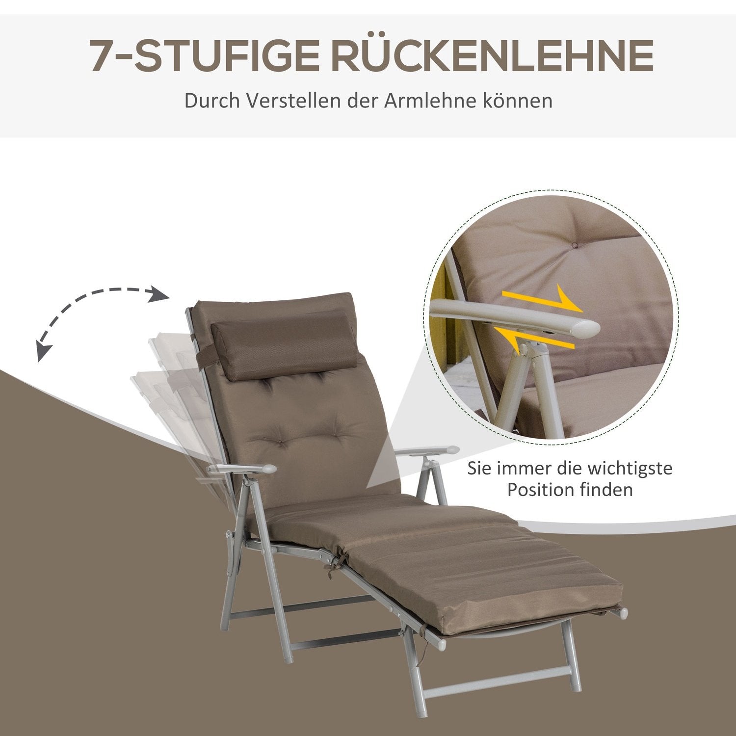 Liggestol Strandstol Haveseng Sammenklappelig Justerbar Med Pude Have Metal Stof Brun + Sølv 137 X 63,5 X 100,5 Cm