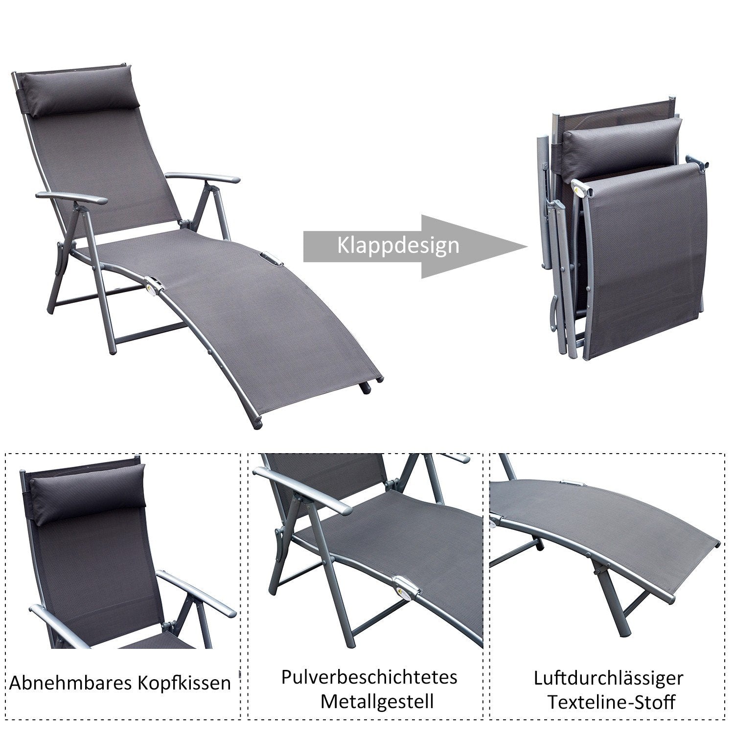 Havestol Liggestol Liggestol Sammenklappelig Justerbar Med Pude Havegrå Metal + Stof Grå 137 X 63,5 X 100,5 Cm