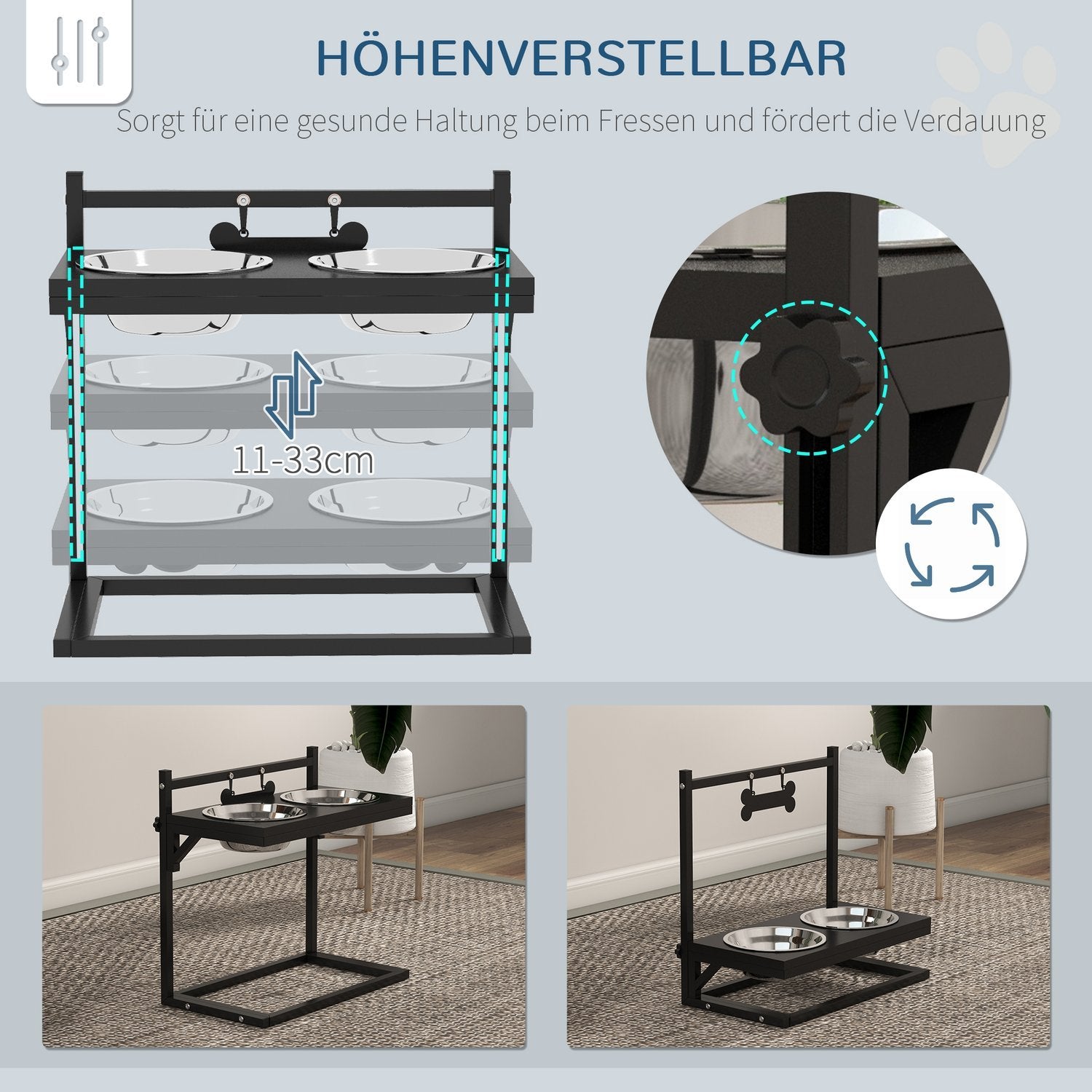 Foderstation Hundeskål i rustfrit stål Justerbar knogleformet 0,9L