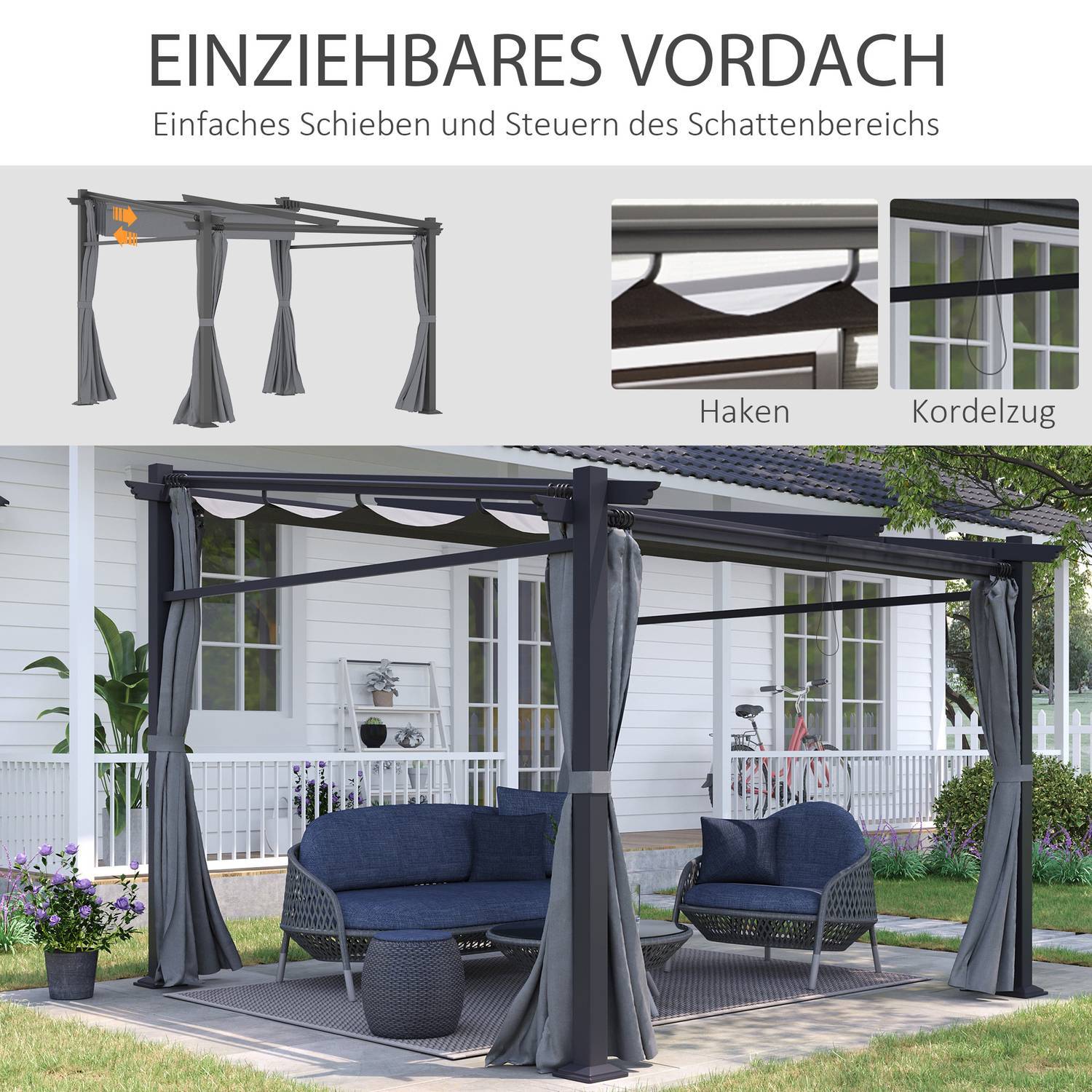 Pergola 2,97X2,95M Vattenavvisande Lusthus Med Solskydd Och Sidopaneler, Polyester, Mörkgrå