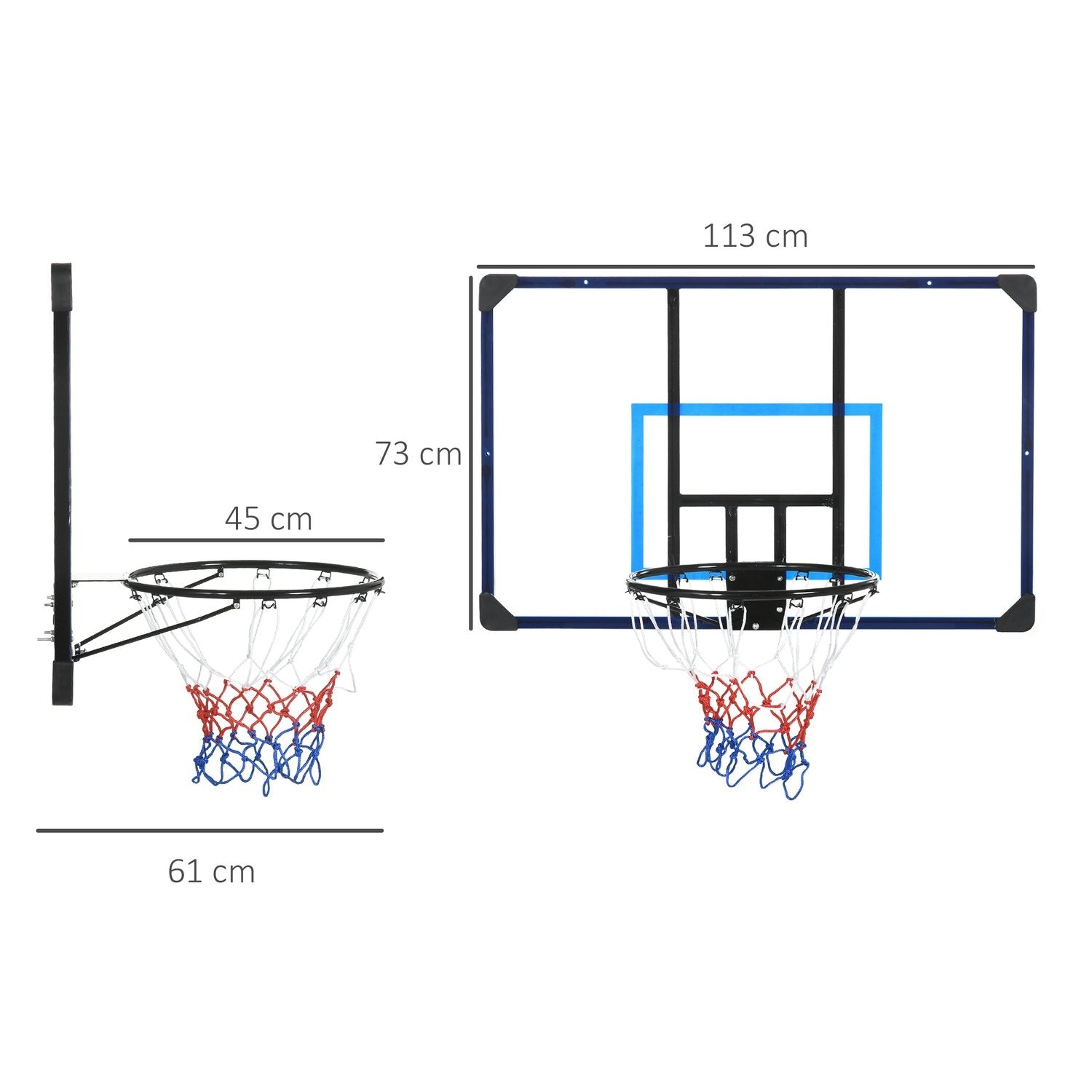 Basketball Hoop Basketballboard med kurv og net, vægmonteret til udendørs brug, stål, 113 X 61 X 73 Cm