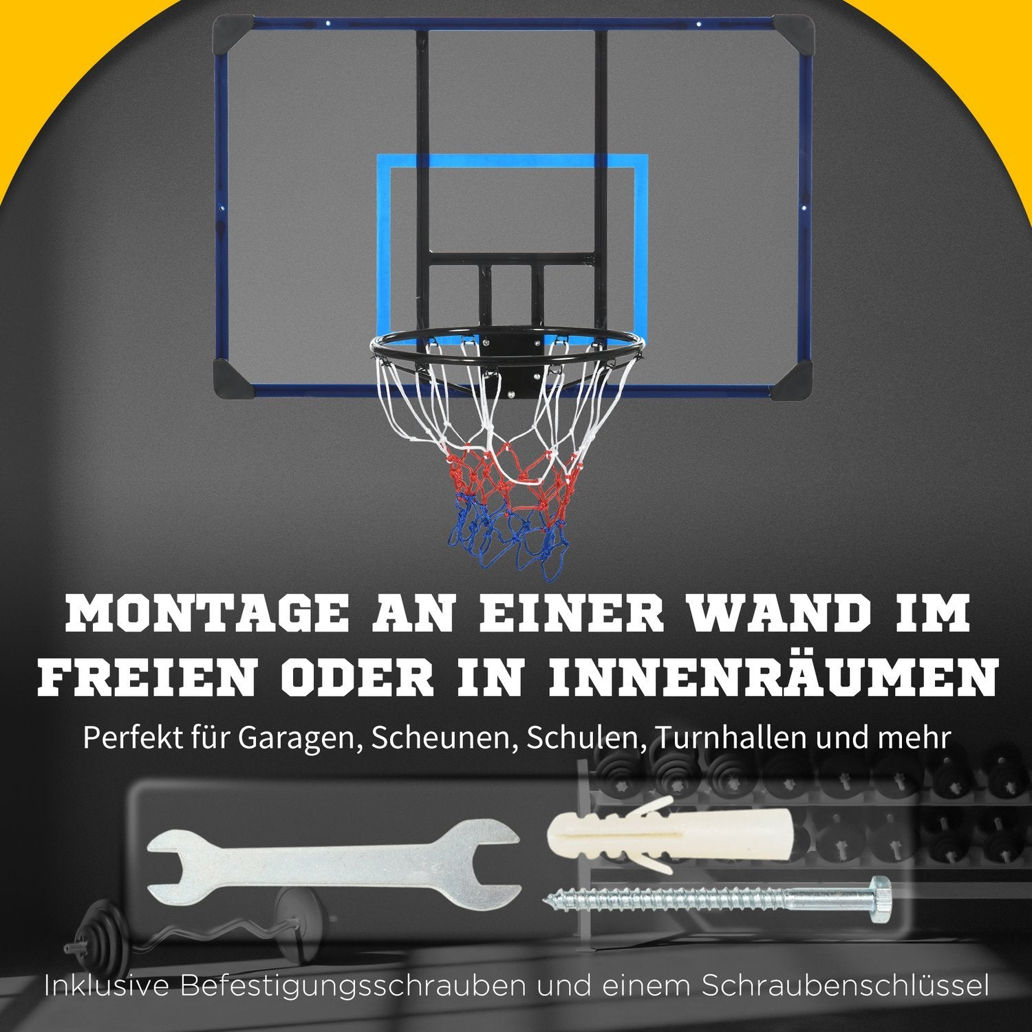 Basketball Hoop Basketballboard med kurv og net, vægmonteret til udendørs brug, stål, 113 X 61 X 73 Cm