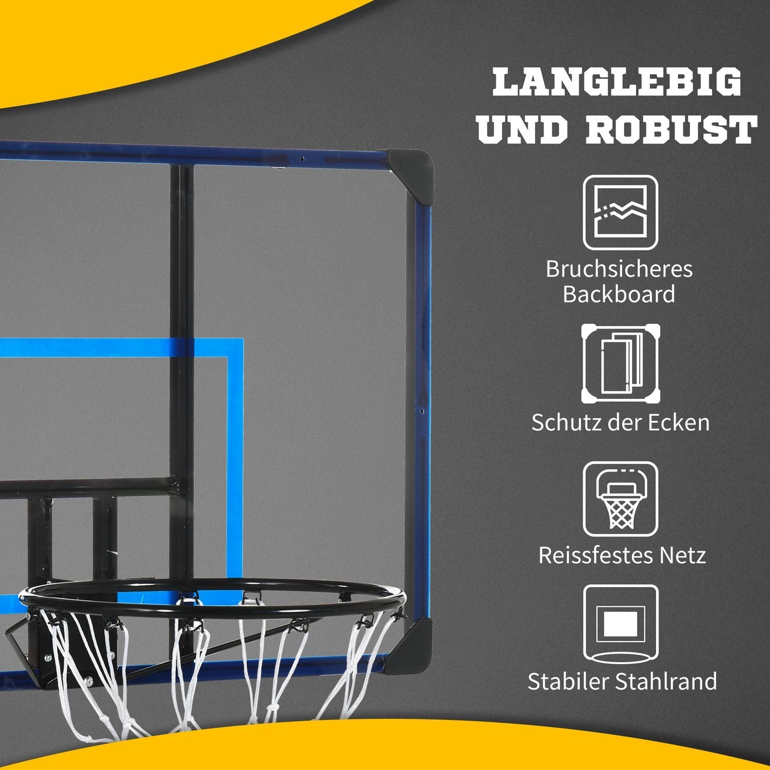 Basketball Hoop Basketballboard med kurv og net, vægmonteret til udendørs brug, stål, 113 X 61 X 73 Cm