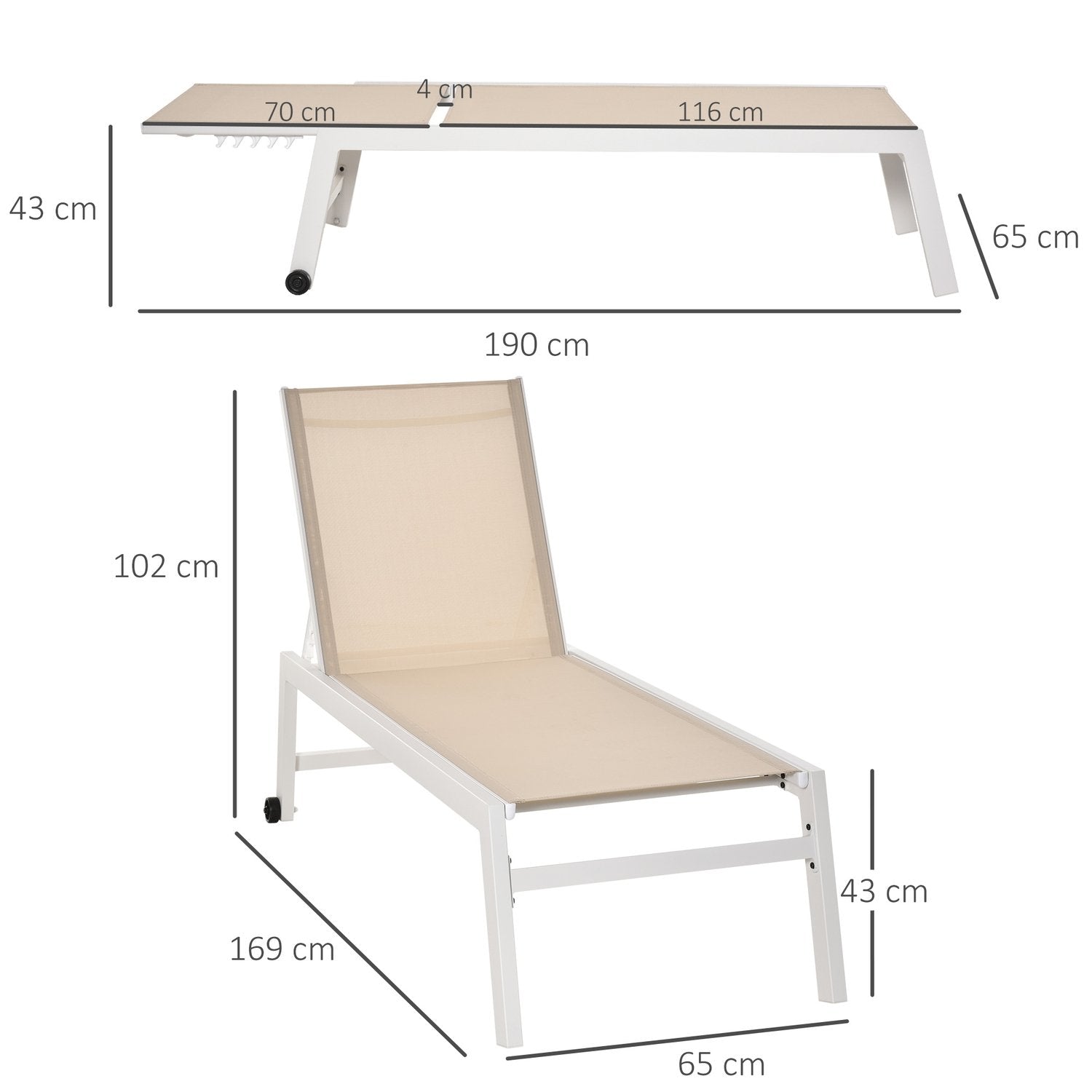 Havesengestol 5-trins ryglæn Aluminium Cremehvid 169X65X102Cm