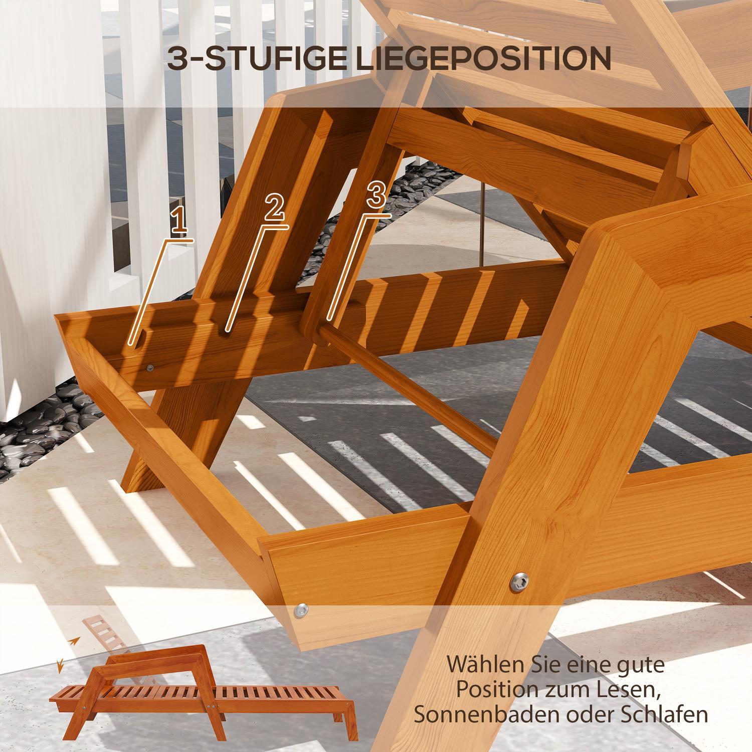 Solstol, Trädgårdsstol I Trä, Solstol, Väderbeständig Vilstol För Balkong, Terrass, Lastkapacitet Upp Till 120 Kg, Orange, 66 X 190 X 73,5 Cm