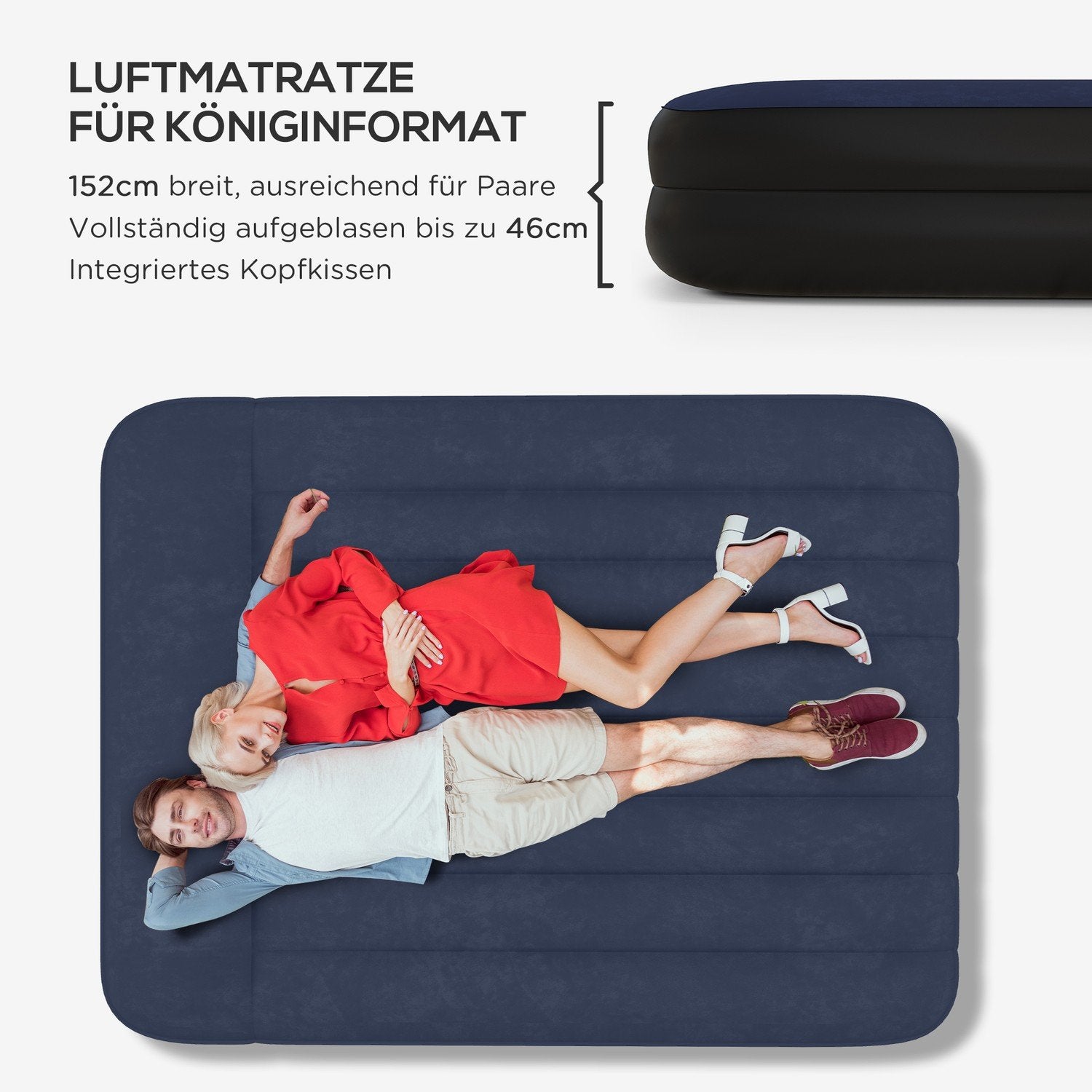 Air Bed Dobbelt luftmadras til 2 personer med elektrisk pumpe og pude, mørkeblå, 203X152X46Cm