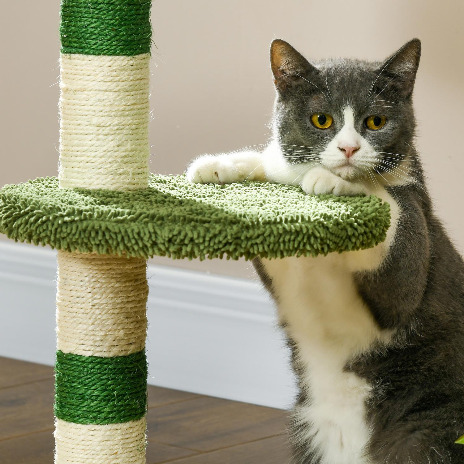 Skrapstolpe Litet 64 Cm Runt Kattträd Med Liggyta & Leksaksboll, För Katter Upp Till 4 Kg, Sisal, Vit/Grön