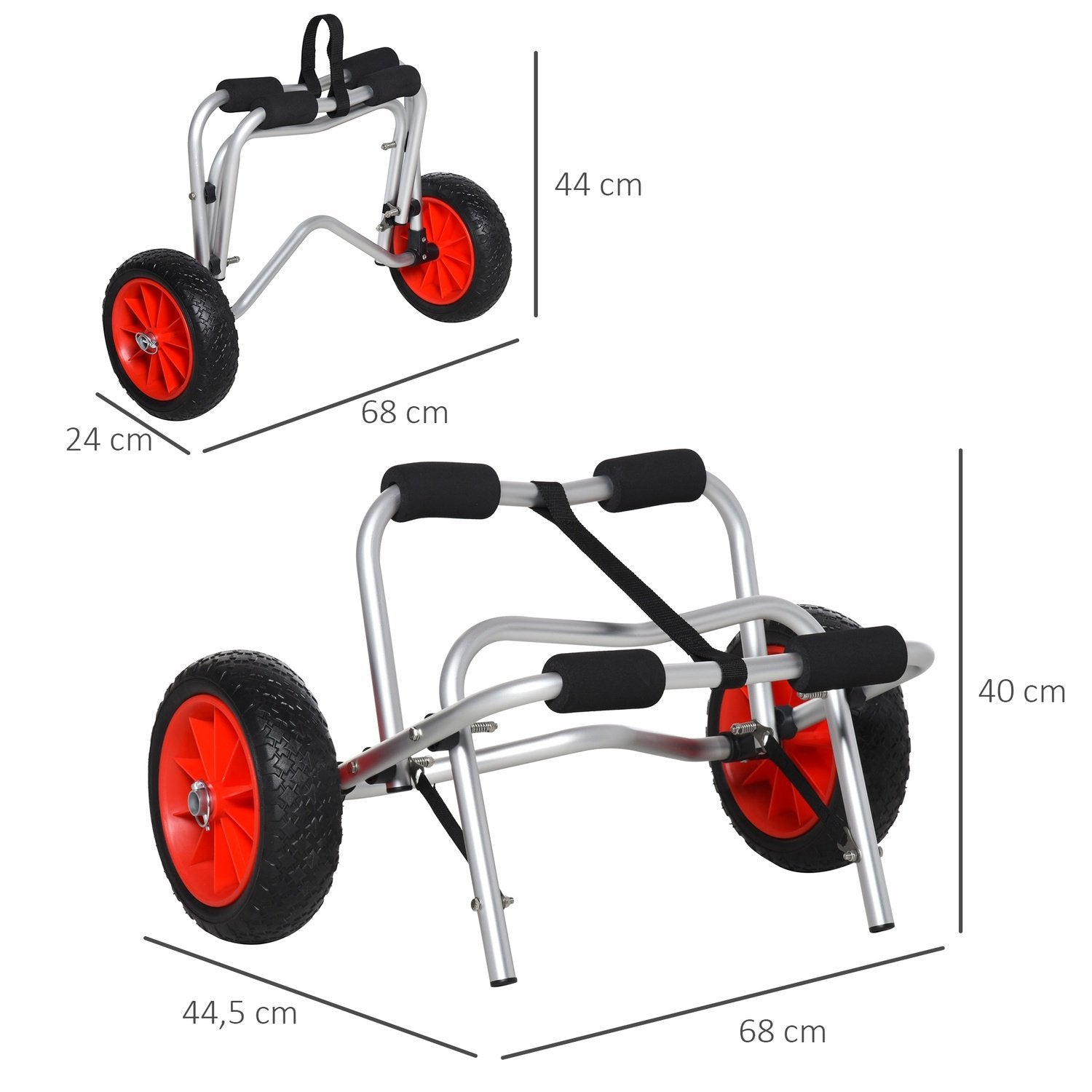 Aluminium kanovogn, kajakvogn, surfvogn, foldbar med rem, pu-hjul, sølv, op til 75 kg, 68 x 44,5 x 40 cm