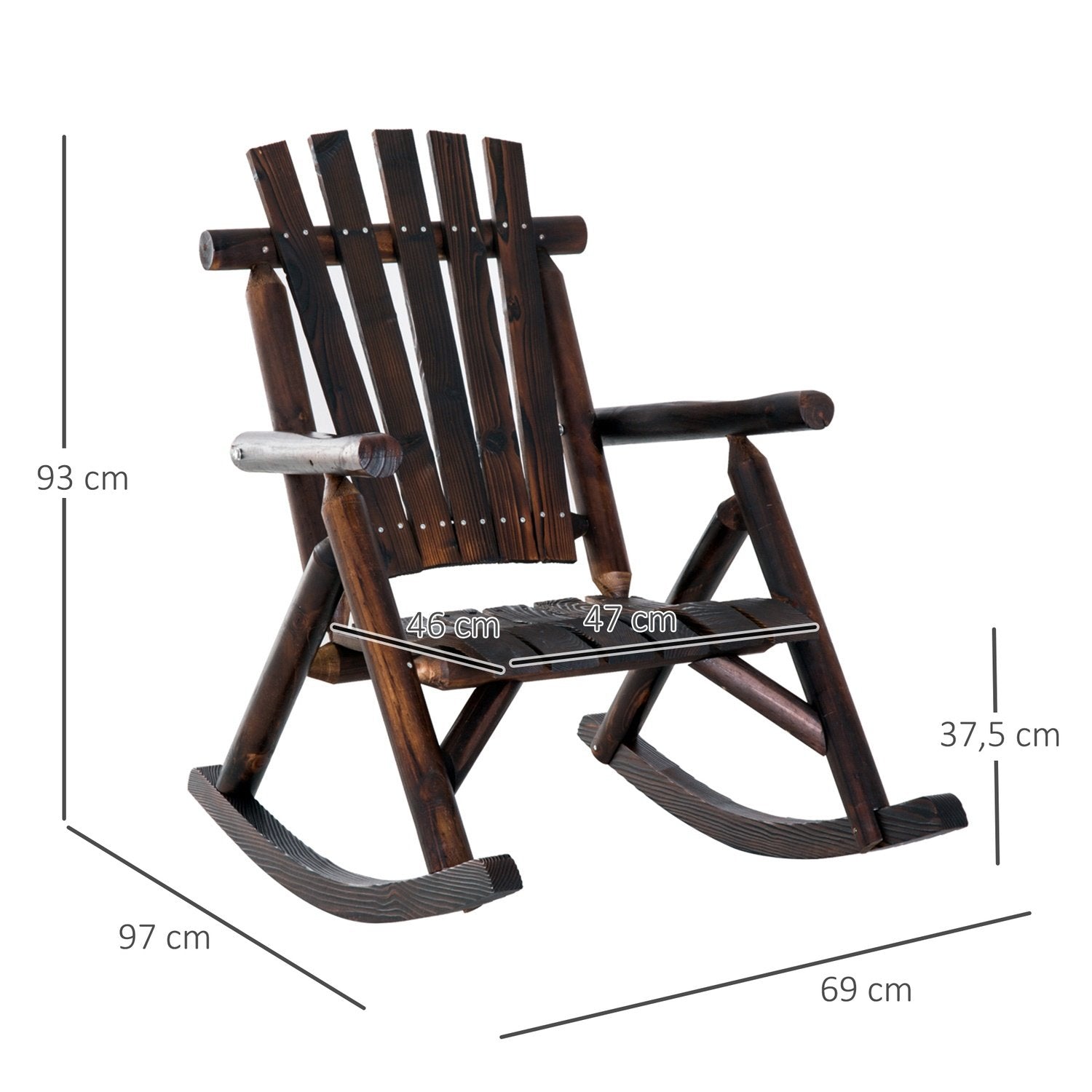 Gyngestol med armlæn, vejrbestandig, massivt karboniseret træ, 97 X 69 X 93 cm