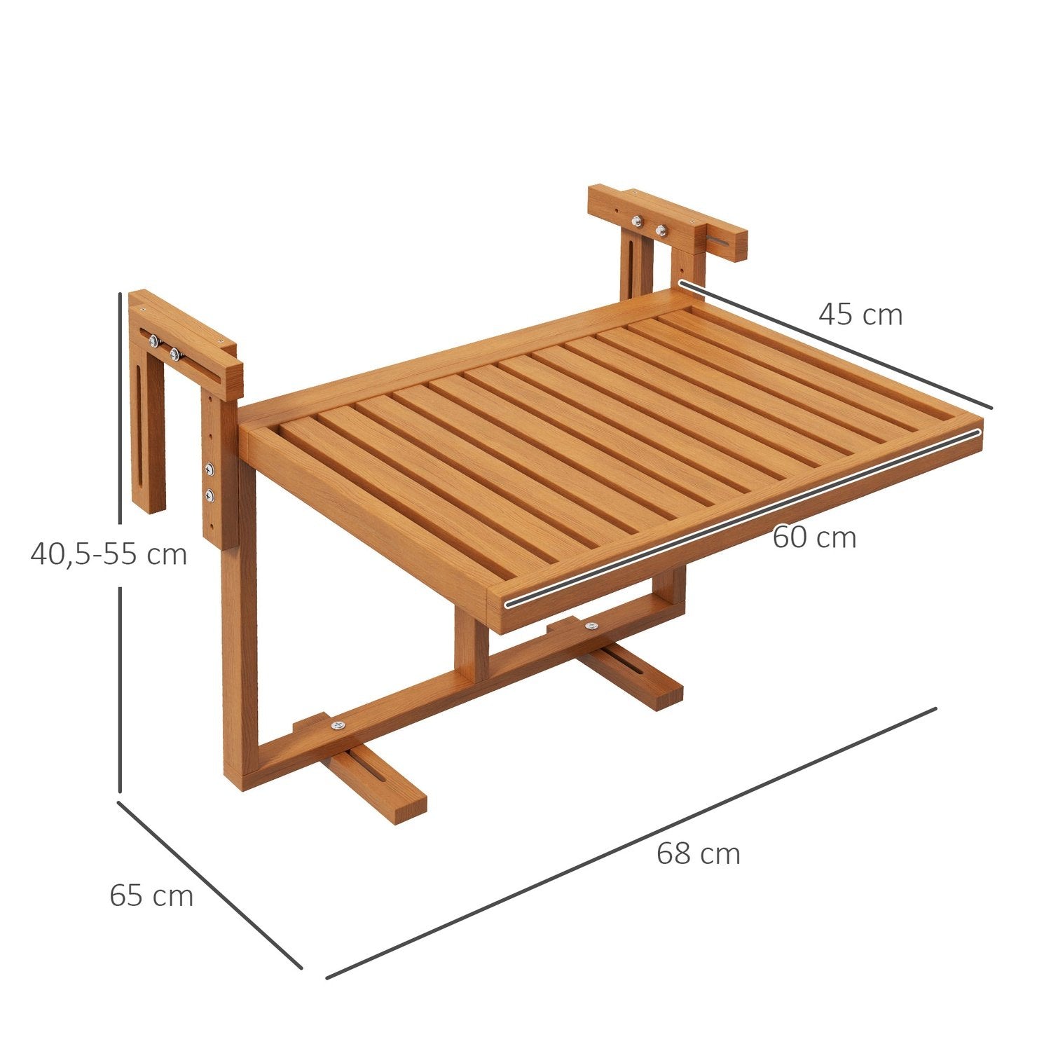 Balkonbord til ophæng, sammenklappeligt altanhængebord, hævet og sænket hængebord, holder op til 20 kg, fyrretræ, 68 x 65 cm, teaktræ