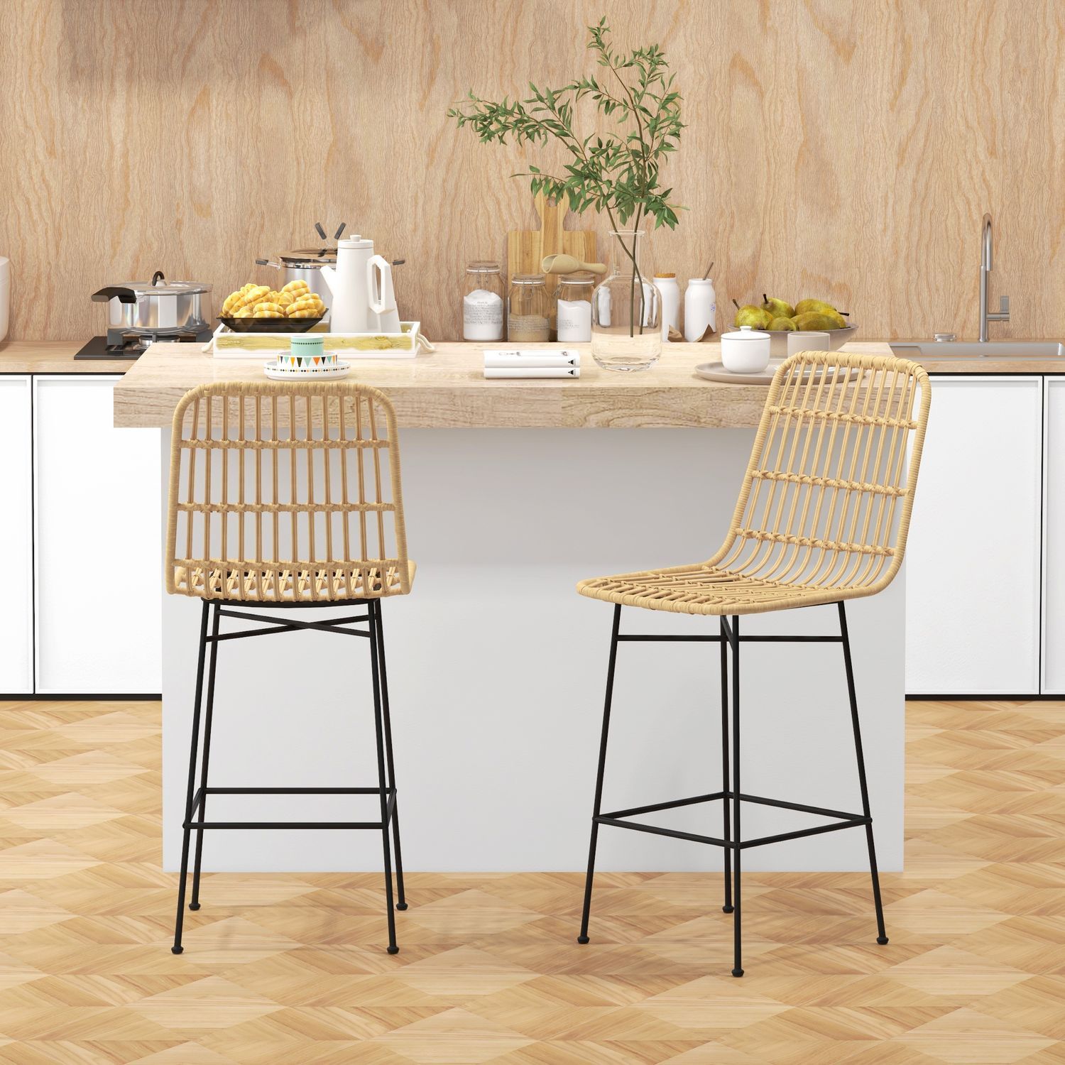 Barstole Sæt med 2 Barstole Bænkstol Ryglæn Pe Rattan Boho Design Køkkenstole Stålgul